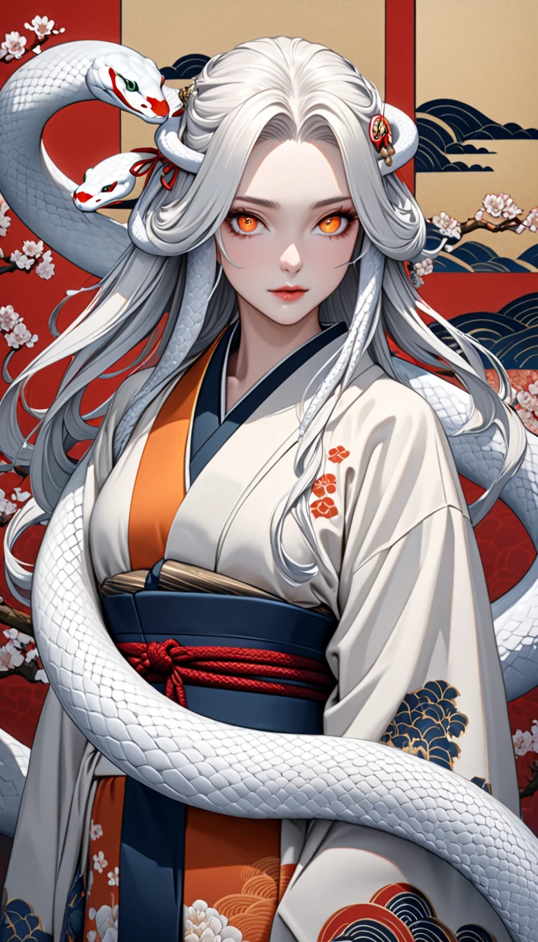 zodiac（snake）Personification of, White Snake, kimono（white）, Kimono remade wide pants, Casual upper body, アクロバティック,  very beautiful face , An innocent modern snake god who plays with a giant white snake, snake hair ornament, orange eyes, snake pupils, Ukiyo-e, depth of field, cowboy shot, UHD, retina, masterpiece, accurate, textured skin, anatomically correct, super detail, high details, high quality, highres, best quality, award winning, 16k, full body shot,