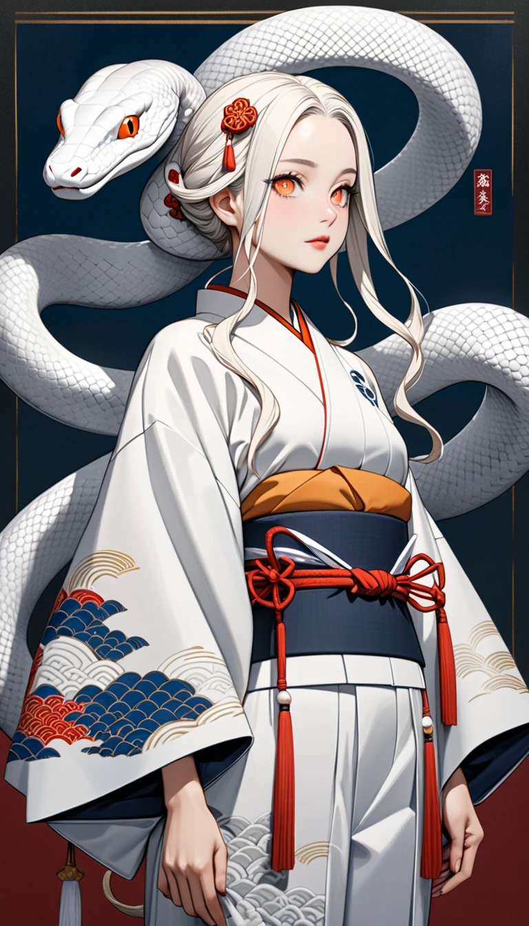 zodiac（snake）Personification of, White Snake, kimono（white）, Kimono remade wide pants, Casual upper body, アクロバティック,  very beautiful face , An innocent modern snake god who plays with a giant white snake, snake hair ornament, orange eyes, snake pupils, Ukiyo-e, depth of field, cowboy shot, UHD, retina, masterpiece, accurate, textured skin, anatomically correct, super detail, high details, high quality, highres, best quality, award winning, 16k, full body shot,