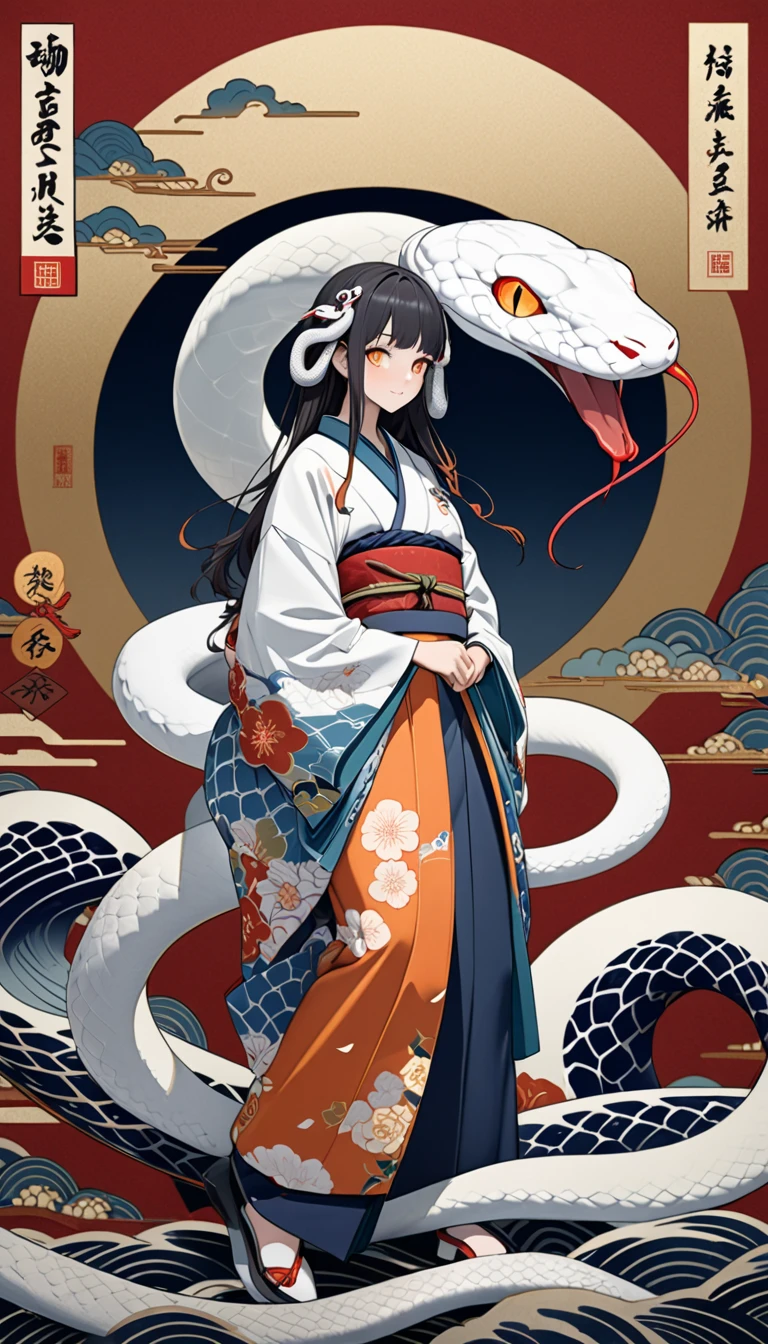 zodiac（snake）Personification of, White Snake, kimono（white）, Kimono remade wide pants, Casual upper body, アクロバティック,  very beautiful face , An innocent modern snake god who plays with a giant white snake, snake hair ornament, orange eyes, snake pupils, Ukiyo-e, depth of field, cowboy shot, UHD, retina, masterpiece, accurate, textured skin, anatomically correct, super detail, high details, high quality, highres, best quality, award winning, 16k, full body shot,