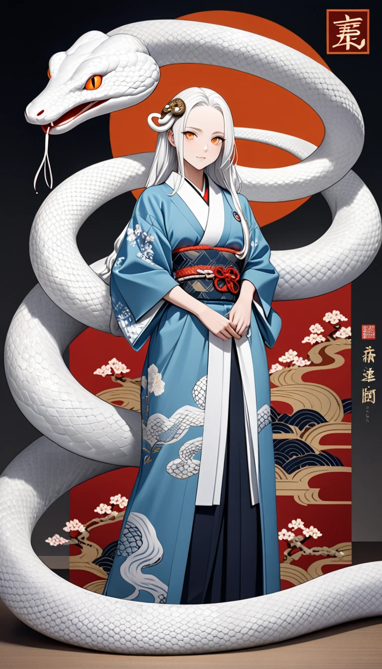 zodiac（snake）Personification of, White Snake, kimono（white）, Kimono remade wide pants, Casual upper body, アクロバティック,  very beautiful face , An innocent modern snake god who plays with a giant white snake, snake hair ornament, orange eyes, snake pupils, Ukiyo-e, depth of field, cowboy shot, UHD, retina, masterpiece, accurate, textured skin, anatomically correct, super detail, high details, high quality, highres, best quality, award winning, 16k, full body shot,