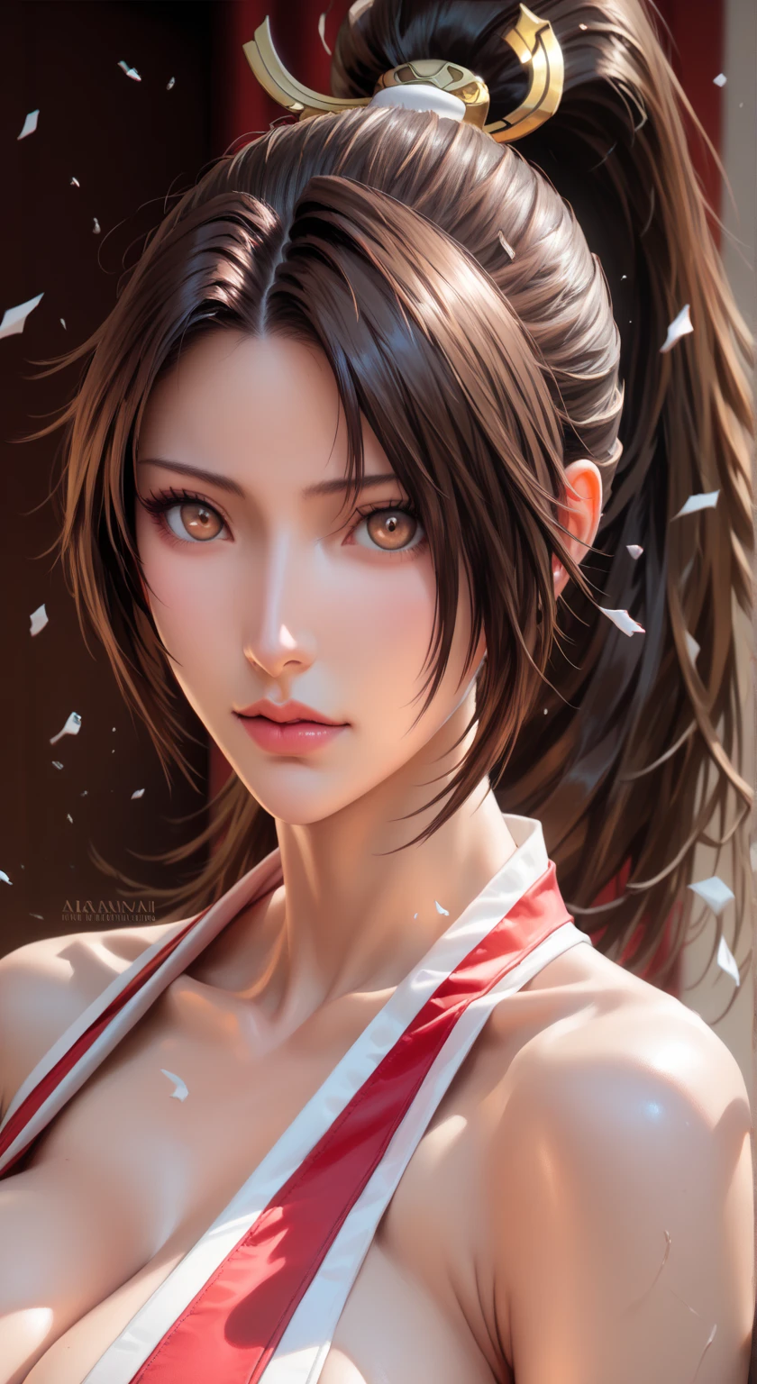 score_9,score_8_up,score_7_up,high res image,masterpiece,best quality,realistic,(big breasts:1.2),Mai Shiranui，(face focus:1.3),(dropping:1.4)，shiranui_mai，(black pupil:1.2),(brown black hair:1.3),(dark_persona:1.4),