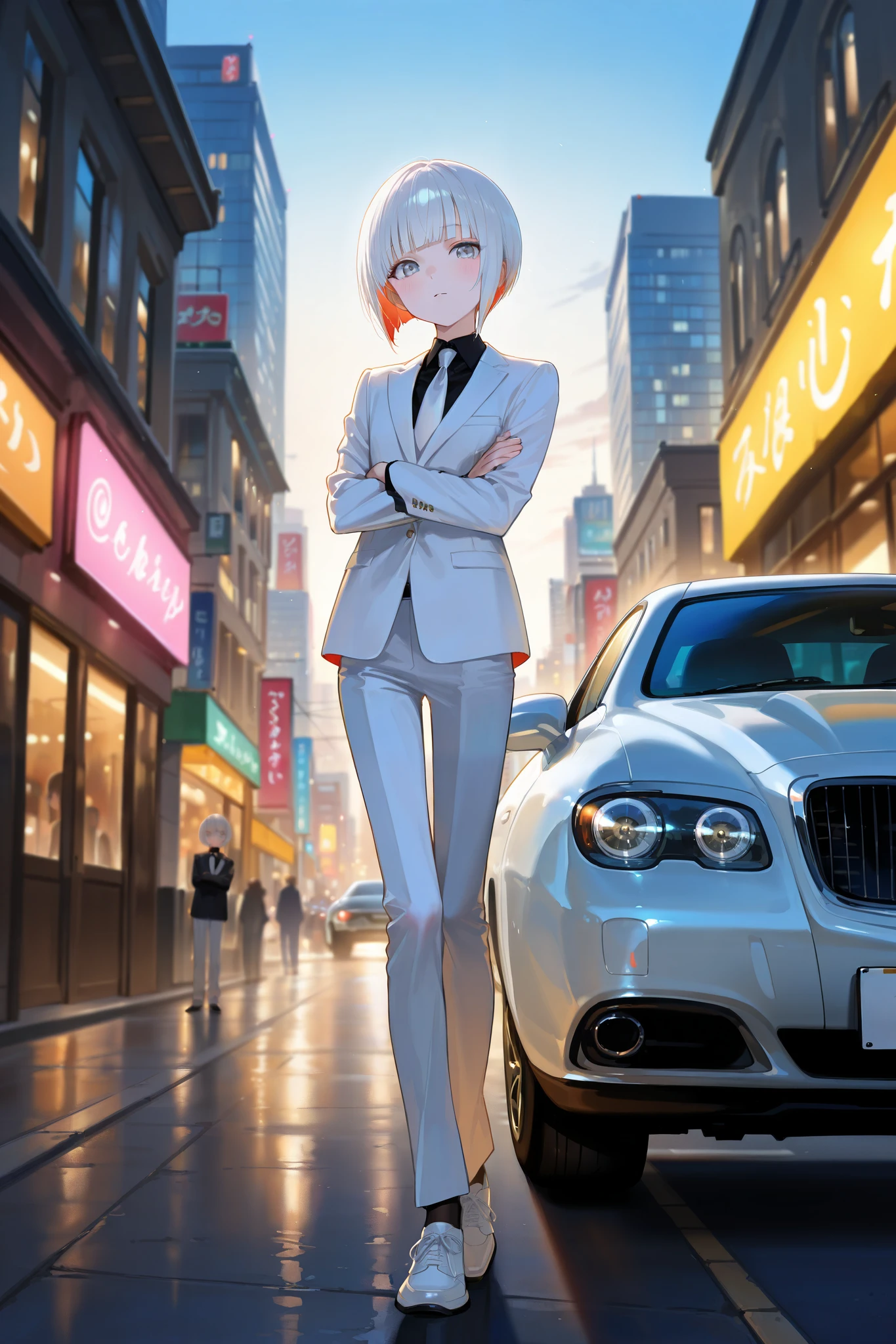 masterpiece, best quality, amazing quality, very aesthetic, high resolution, absurdres, newest, scenery,
(outdoors, city, street, business district), sunny day, (front lighting),
solo, (woman, 26 years old), (short hair), (ashen white hair), white inner_hair, (straight bangs, bobcut), thin, slim, thin legs, classy, fancy, elegant, cute, smooth pale skin, (lightgrey eyes), (white suit, black shirt, white necktie, white pants, white shoes), faint blush, inexpressive, unfazed,
standing, leaning back on black luxury car, arms crossed over chest, looking at viewer
BREAK
smooth semi-realistic anime style, breathtaking visuals, intricate details, cool dreamy aesthetics, raytracing, 8k, ultra high definition, (subtle depth of field), (subtle bloom:0.5), rich vivid colors, vibrant textures, cinematic lighting, captivating visuals,