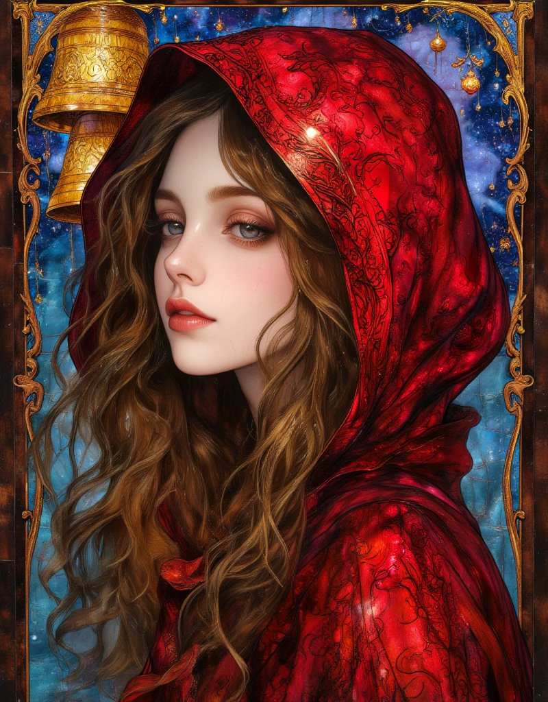 Beautiful girl in classic red Christmas hooded cloak for the holidays, The Little Match Girl, She was selling matches barefoot in the cold without any shoes on, The girl lit a match to try to get a little warmer. Background of a bell tower with hanging gold bells, Beautifully detailed face, Beautifully detailed lips, Highly detailed hair, Long eyelashes, Intricate embroidered pattern on the cloak, Sad mood, Fantasy art in a sad winter setting, fairytale, Rich colors, Vibrant painting, vintage, in the style of james-jean, ArsMJStyle, Stained Glass,