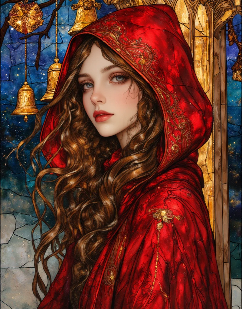 Beautiful girl in classic red Christmas hooded cloak for the holidays, The Little Match Girl, She was selling matches barefoot in the cold without any shoes on, The girl lit a match to try to get a little warmer. Background of a bell tower with hanging gold bells, Beautifully detailed face, Beautifully detailed lips, Highly detailed hair, Long eyelashes, Intricate embroidered pattern on the cloak, Sad mood, Fantasy art in a sad winter setting, fairytale, Rich colors, Vibrant painting, vintage, in the style of james-jean, ArsMJStyle, Stained Glass,