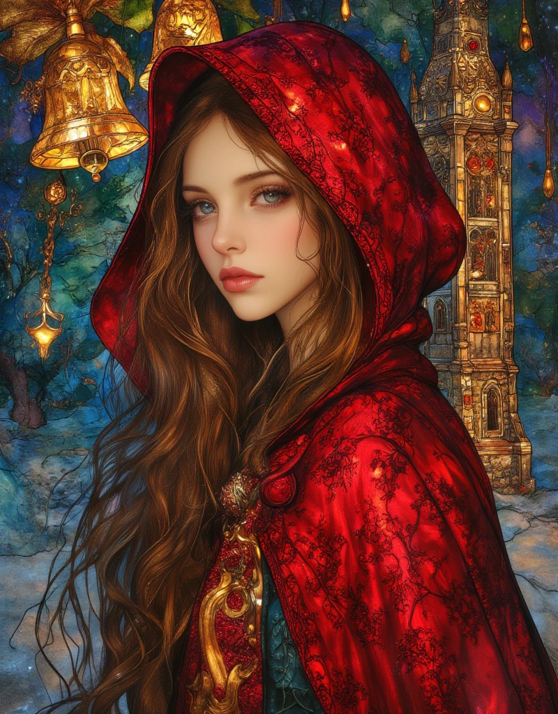 Beautiful girl in classic red Christmas hooded cloak for the holidays, The  Match Girl, She was selling matches barefoot in the cold without any shoes on, The girl lit a match to try to get a little warmer. Background of a bell tower with hanging gold bells, Beautifully detailed face, Beautifully detailed lips, Highly detailed hair, Long eyelashes, Intricate embroidered pattern on the cloak, Sad mood, Fantasy art in a sad winter setting, fairytale, Rich colors, Vibrant painting, vintage, in the style of james-jean, ArsMJStyle, Stained Glass,