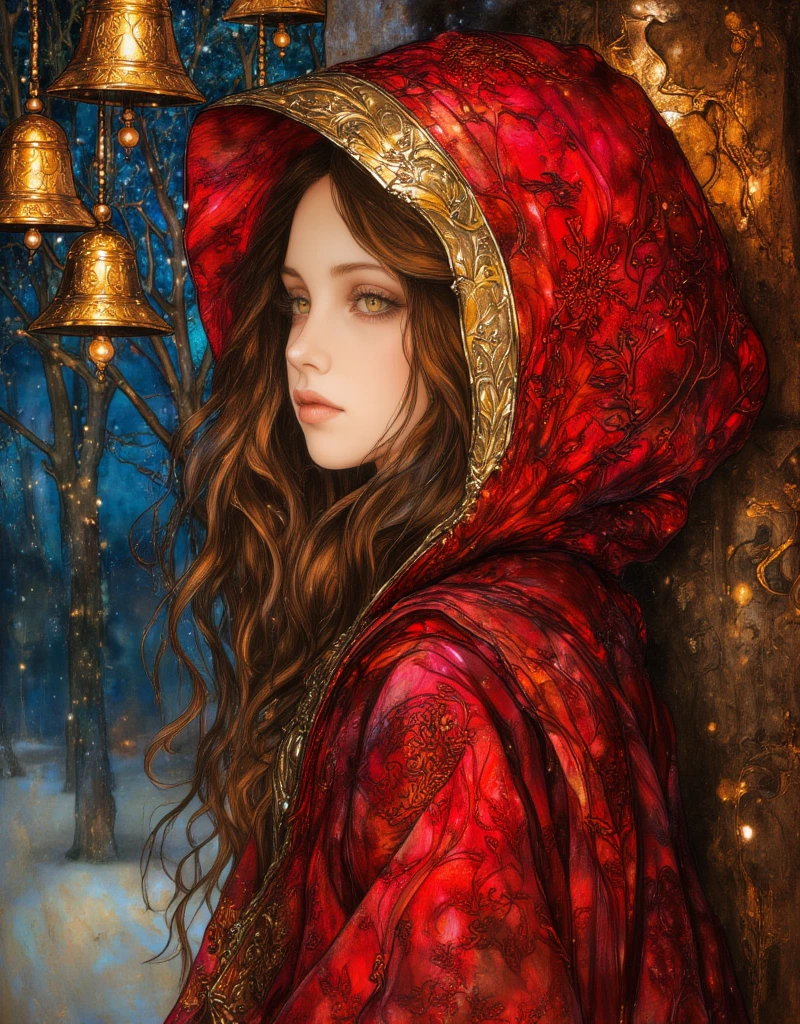 Beautiful girl in classic red Christmas hooded cloak for the holidays, The Little Match Girl, She was selling matches barefoot in the cold without any shoes on, The girl lit a match to try to get a little warmer. Background of a bell tower with hanging gold bells, Beautifully detailed face, Beautifully detailed lips, Highly detailed hair, Long eyelashes, Intricate embroidered pattern on the cloak, Sad mood, Fantasy art in a sad winter setting, fairytale, Rich colors, Vibrant painting, vintage, in the style of james-jean, ArsMJStyle, Stained Glass,