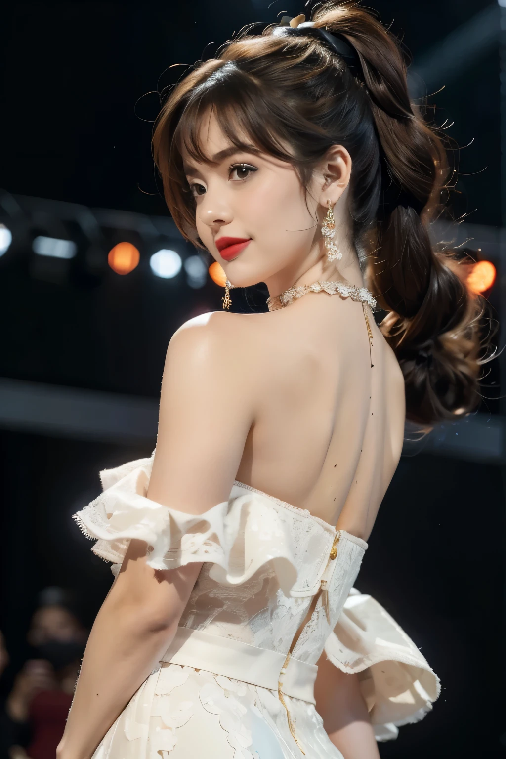 1girl,bangs,bare arms,collar,strapless white lace dudou,cleavage,detailed background,detailed eyes,brown hair,earrings,upper body,jewelry,slim,flat chest,ponytail,looking at viewer,makeup,night scene,red lips,signature,laughing,solo,On the T-stage,fashion show,Surrounded by crowded crowds on both sides of the stage,neon lights