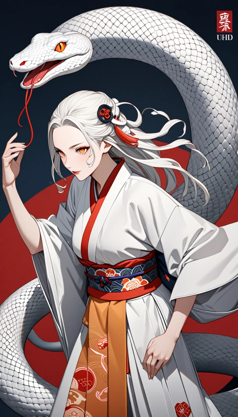 zodiac（snake）Personification of, White Snake, kimono（white）, Kimono remade wide pants, Casual upper body(Bleaching、bandage）, Flutter your coat and dance gracefully,  very beautiful face , An innocent modern snake god who plays with a giant white snake, snake hair ornament, orange eyes, snake pupils, Ukiyo-e, depth of field, cowboy shot, UHD, retina, masterpiece, accurate, textured skin, anatomically correct, super detail, high details, high quality, highres, best quality, award winning, 16k