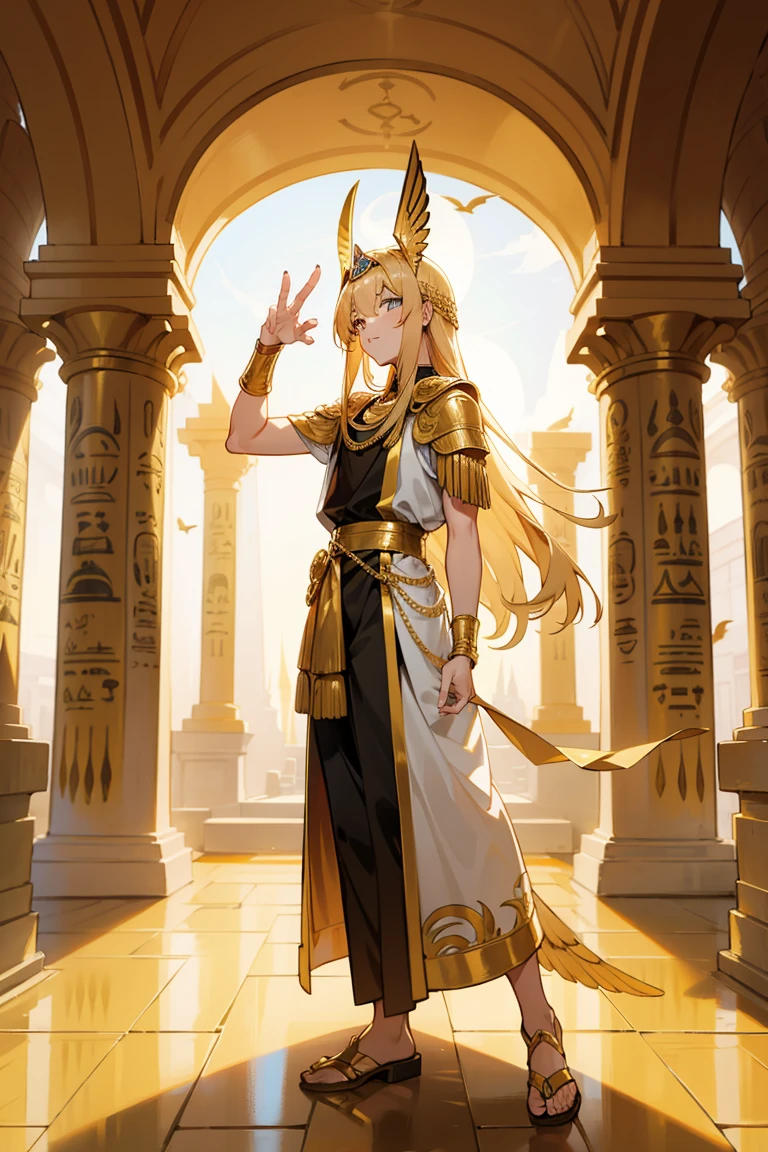  men,18 years old,Gold set,bird, Sun, golden hair,Full body,พื้นหลัง Sunสีส้ม,Pharaoh Costume, egyptian architecture background