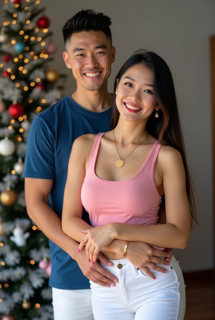Beautiful and Slim Indian woman Aishwarya Rai in hot blouse lifting a large chubby fat man above her shoulders, man is sitting on woman's shoulder, in a bedroom, natural smile, woman is looking into the camera , her hands are on her waist, full image