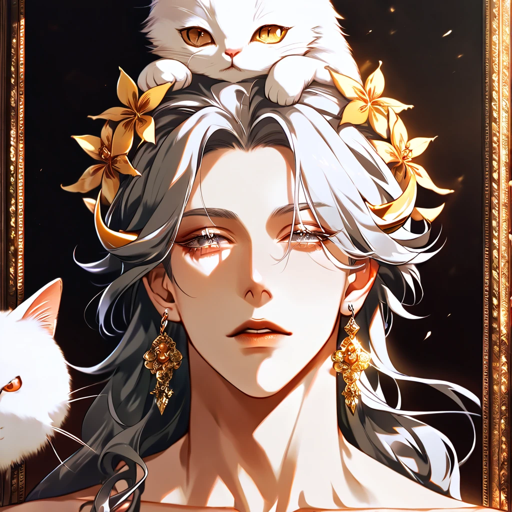  A small flower bud grows on top of the head of a little white cat, jewelry,  Shine Effect ,  in my treachery, a part of the chain , hair flower, Movie, gray hair, crystal earrings, Dutch Golden Age painting , horns, open your eyes,  Red-Faced, Looking up at the camera, 