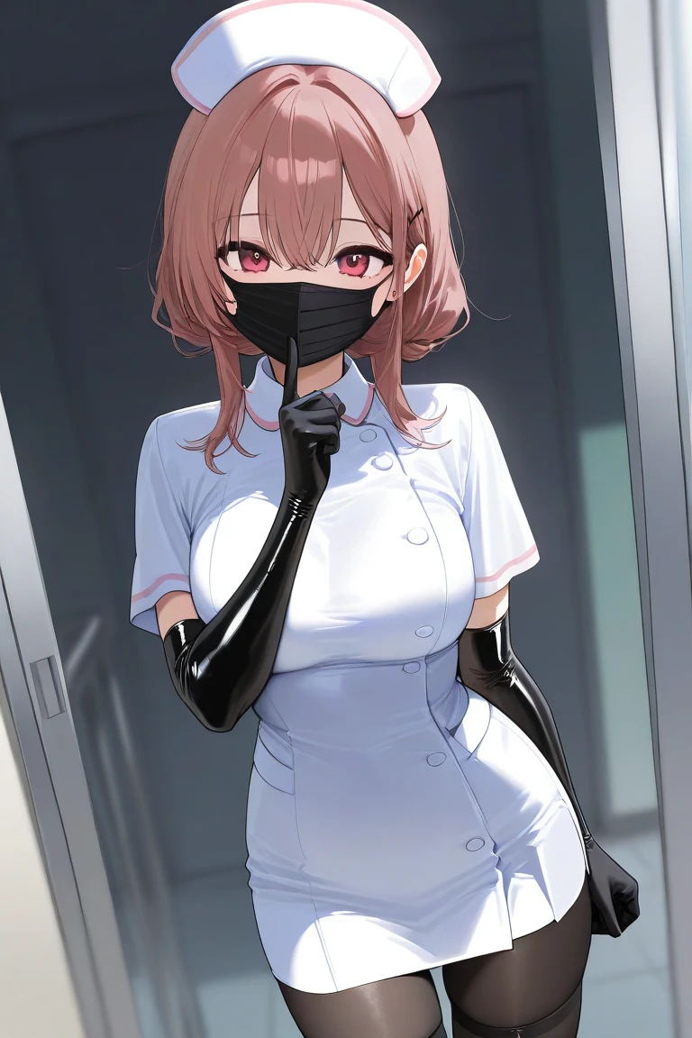 white tight miniskirt nurse clothes　　 black mask 　 black stockings 　 Black Gloves 　　latex　