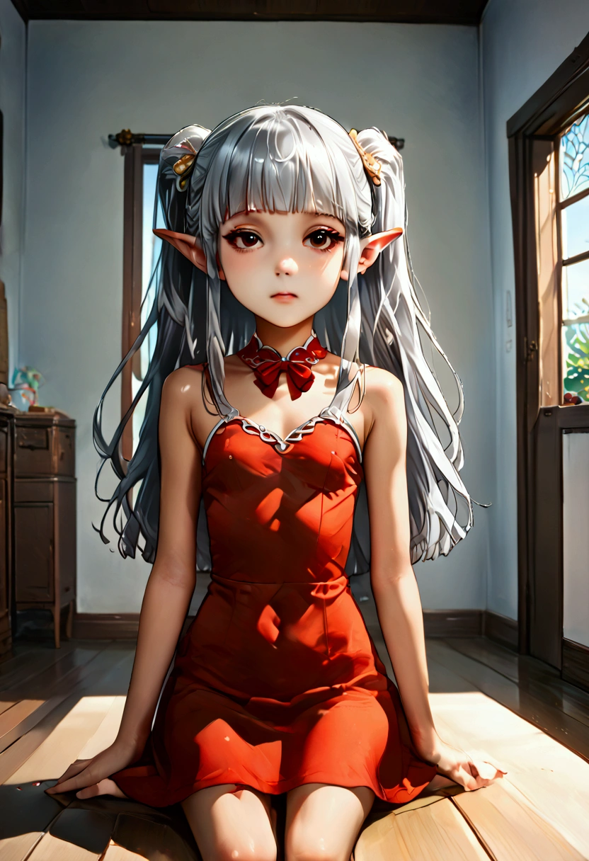 Elf loli, dark skin, silver hair, short red dress, loli girl,  girl, house room, hot day, summer day, heat girl, hottie, loli.