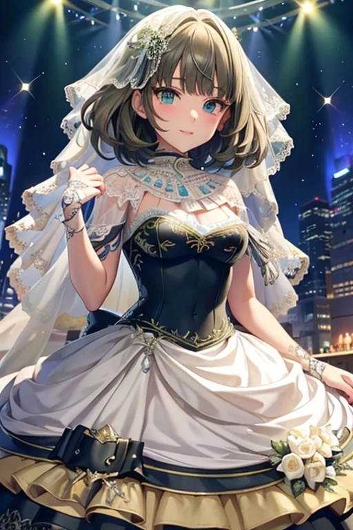   Heterochromia ,  green eyes,  blue eyes, (Sparkling Eyes, fine grain)、smile、 super detailed eyes、 very detailed face,  very detailed eyes, cowboy shot ,
 beautiful collarbone、shawl、Absolute reference to the center、short wedding veil,（ transparent short veil ：1.5）（ wedding dress :1.6），（チューブトップの wedding dress ：1.5）,（ lace gloves：1.3）, ( mole under eye:0.75),