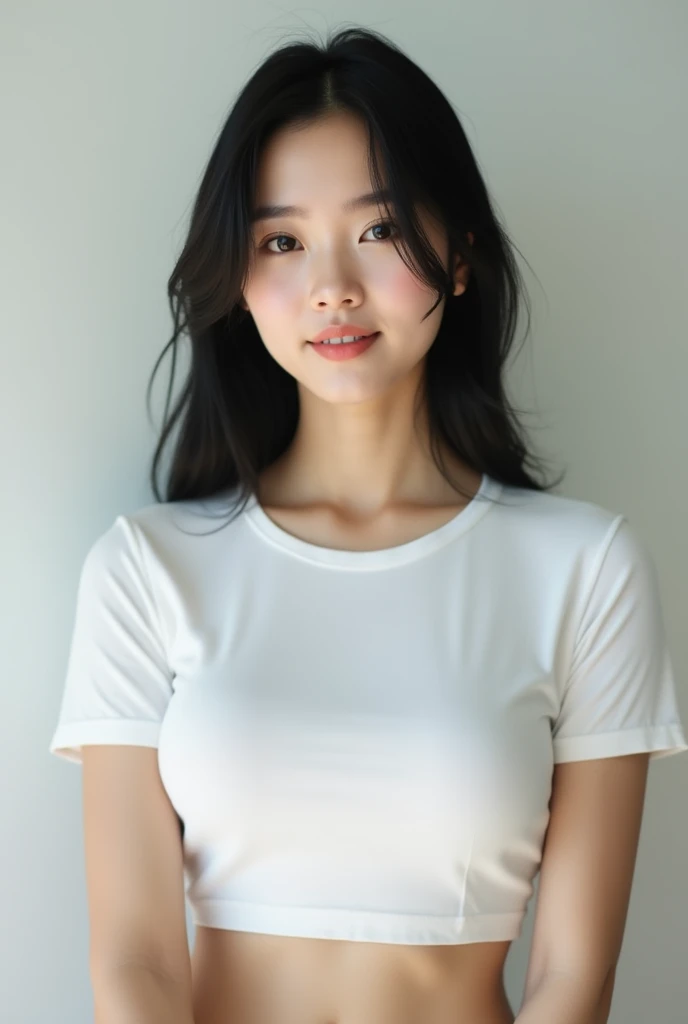 Asian girl, with black hair, a pretty mature face, perfect skin, hugging herself, and white clothes. White background, bright ambience. Model photoshoot, Studio lighting, Beauty photoshoot, 8K resolutions, super realistic.