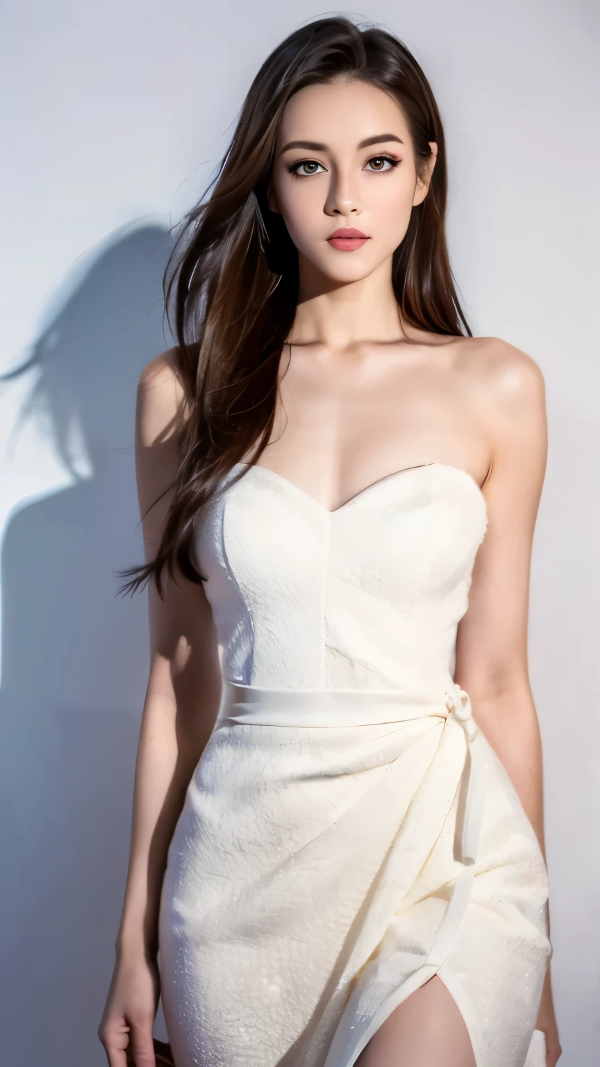 ((top quality、8k、Masterpiece:1.3))、Extremely delicate and beautiful girl,huge breasts,bigger breasts,Very white skin,fiery red lips,Waist is very thin,Thighs are very thin,White and smooth skin,Smooth and fair skin,flawless skin,Fair and shiny skin,cold white skin,The camera focuses on the chest,hazy light rays,hazy light rays,There is a pair of huge white wings on the back,blurred white background,Long white dress,light blonde hair,The hair is light blonde,Angels come