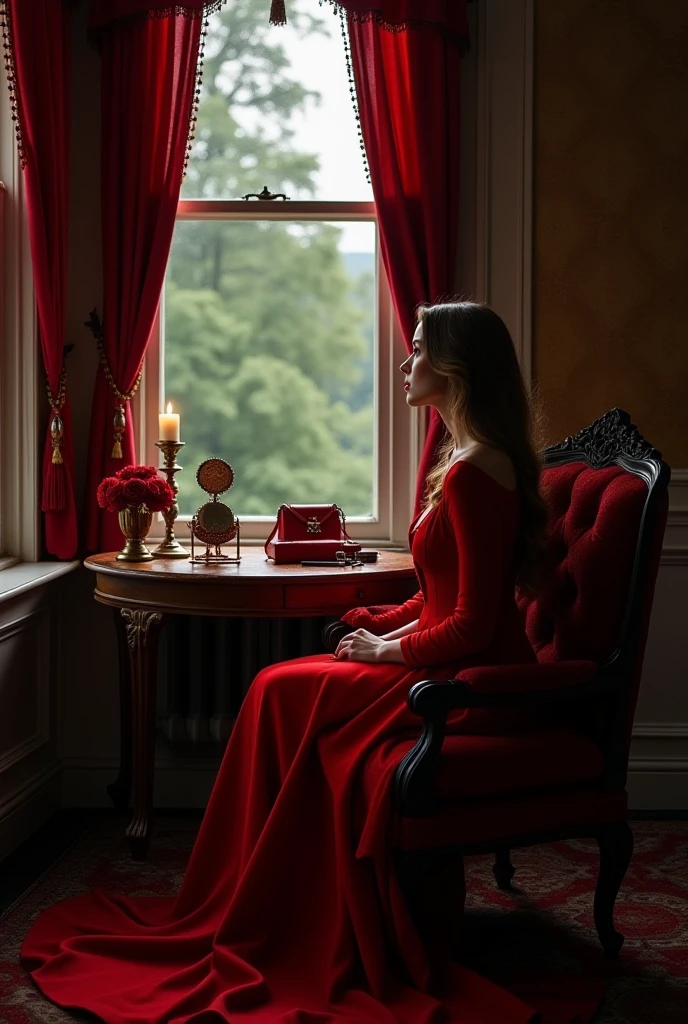 Wow, it looks nice but make her sitting on a eleggant chait and with ...