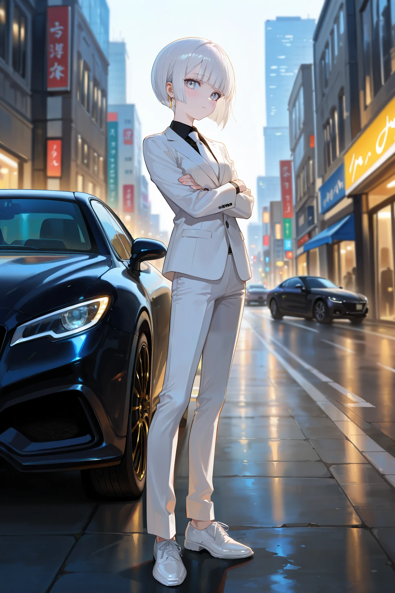 masterpiece, best quality, amazing quality, very aesthetic, high resolution, absurdres, newest, scenery,
(outdoors, city, street, business district), sunny day, (front lighting),
solo, (woman, 26 years old), (short hair), (ashen white hair), (white inner_hair:1.3), (straight bangs, bobcut), thin, slim, small-medium breasts, fit, fercet body, thin legs, classy, fancy, elegant, cute, smooth pale skin, (lightgrey eyes), (white suit, black shirt, white necktie, white pants, white shoes), faint blush, inexpressive, unfazed, standing, leaning back on black luxury car, arms crossed over chest, looking at viewer,
BREAK
smooth semi-realistic anime style, breathtaking visuals, intricate details, cool dreamy aesthetics, raytracing, 8k, ultra high definition, (subtle depth of field), (subtle bloom:0.5), rich vivid colors, vibrant textures, cinematic lighting, captivating visuals,