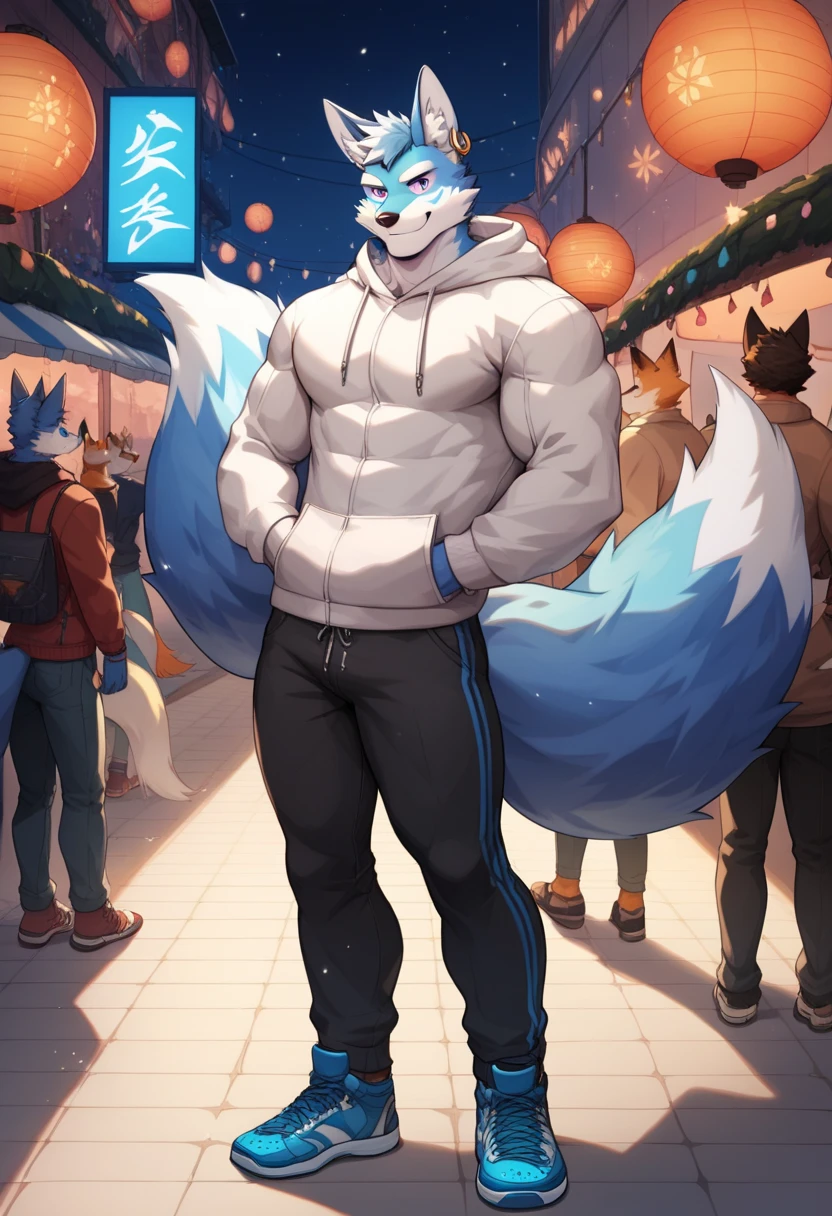  muscular male, male focus, anime style, furry, kitsune, 2 tone skin, blue fur, fox ears, sliver ear rings, purple eyes, big eyes, menacing smile, 9 tails, big fluffy tails, wearing a hoodie and a long pants with blue neon patterns, wearing blue neon pattern shoes, standing in a night festival with the crowd, winter, score_9, score_8_up, score_7_up, score_6_up, score_5_up