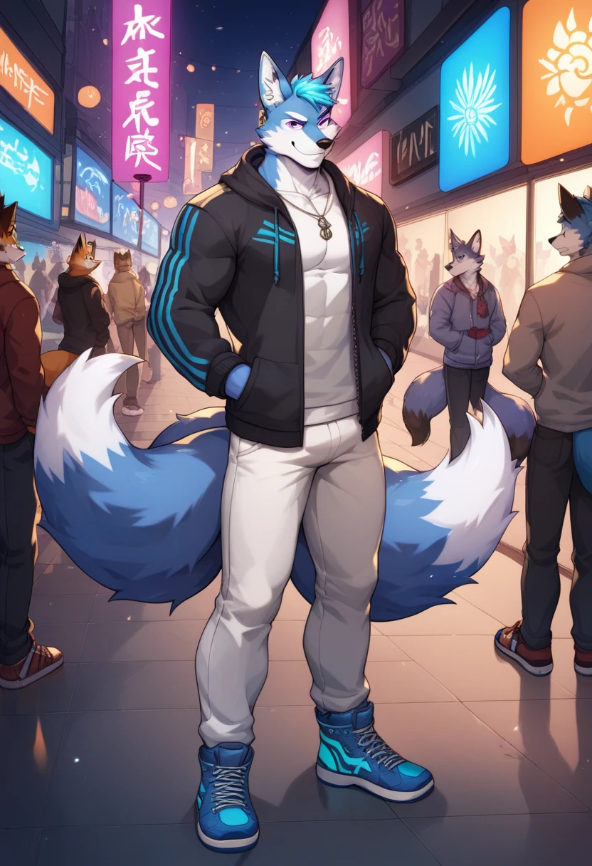  muscular male, male focus, anime style, furry, kitsune, 2 tone skin, blue fur, fox ears, sliver ear rings, purple eyes, big eyes, menacing smile, 9 tails, big fluffy tails, wearing a hoodie and a long pants with blue neon patterns, wearing blue neon pattern shoes, standing in a night festival with the crowd, winter, score_9, score_8_up, score_7_up, score_6_up, score_5_up