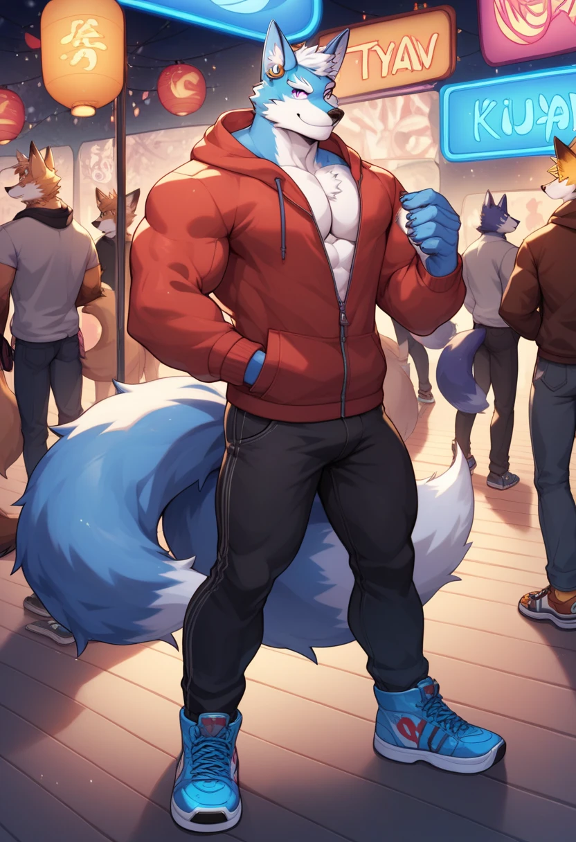  muscular male, male focus, anime style, furry, kitsune, 2 tone skin, blue fur, fox ears, sliver ear rings, purple eyes, big eyes, menacing smile, 9 tails, big fluffy tails, wearing a hoodie and a long pants with blue neon patterns, wearing blue neon pattern shoes, standing in a night festival with the crowd, winter, score_9, score_8_up, score_7_up, score_6_up, score_5_up