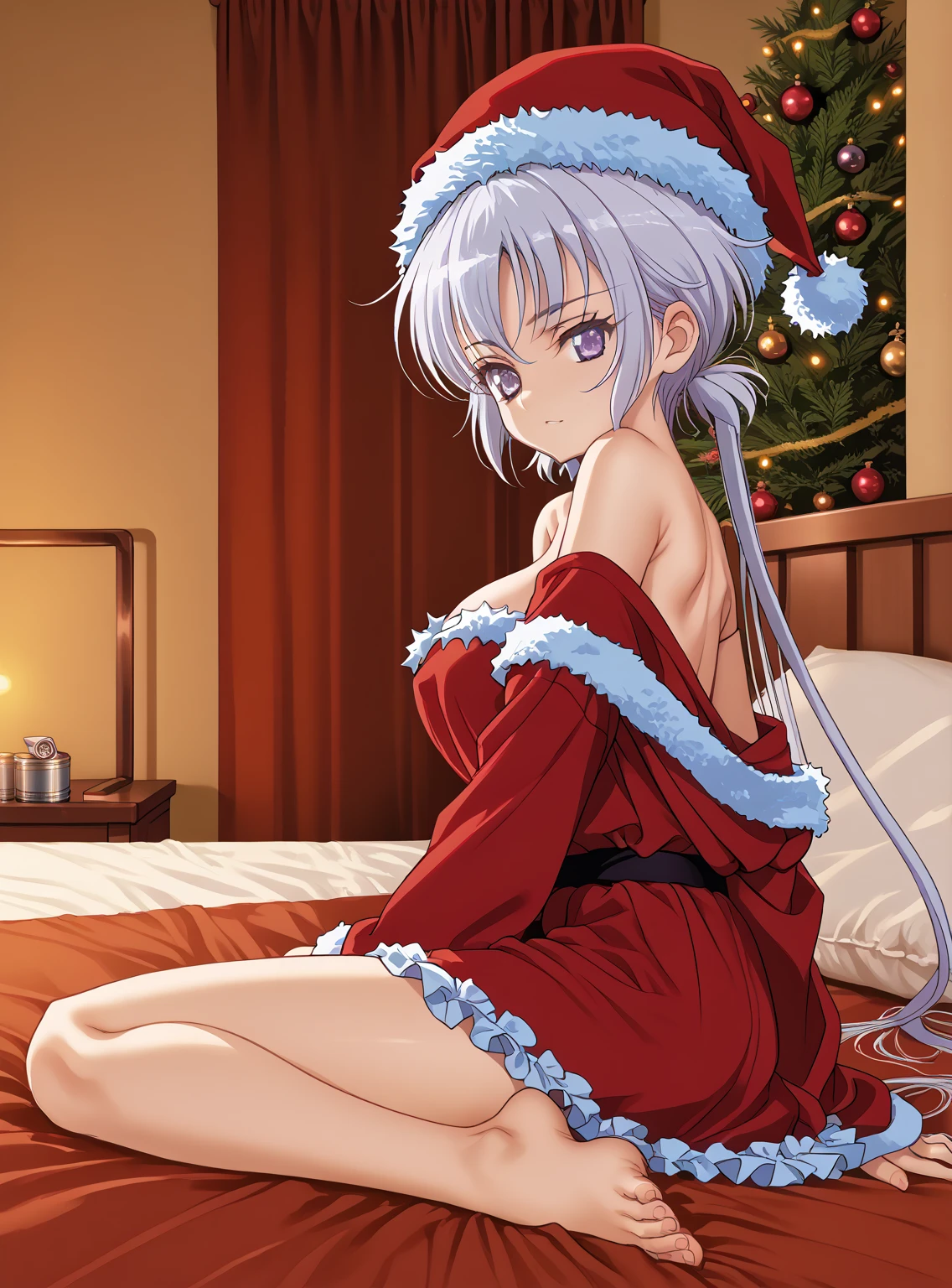 interruption source _Anime, masterpiece , Anime screencap, Anime_lineart Anime coloring, YukineChris,   long hair,  purple eyes,   twin tails,low   twin tails,  ,  Big Breasts,((  stops on edge viewers )), One Eそしてe Closed ,sleepそして look after intercourse,   bed,break(christmas snow:1.5),((  Christmas costume :1.5),(  Off Shoulder:1.3),( Sleeves Fingers   :1.3), Santa hat ),  miniskirt,{   shirt can be seen on the chest  },{ upskirt},   buttocks are visible,barefoot,the above