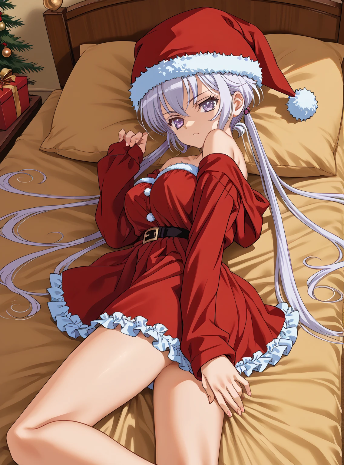 interruption source _Anime, masterpiece , Anime screencap, Anime_lineart Anime coloring, YukineChris,   long hair,  purple eyes,   twin tails,low   twin tails,  ,  Big Breasts,((  stops on edge viewers )), One Eそしてe Closed ,sleepそして look after intercourse,   bed,break(christmas snow:1.5),((  Christmas costume :1.5),(  Off Shoulder:1.3),( Sleeves Fingers   :1.3), Santa hat ),  miniskirt,{   shirt can be seen on the chest  },{ upskirt},   buttocks are visible,barefoot,the above