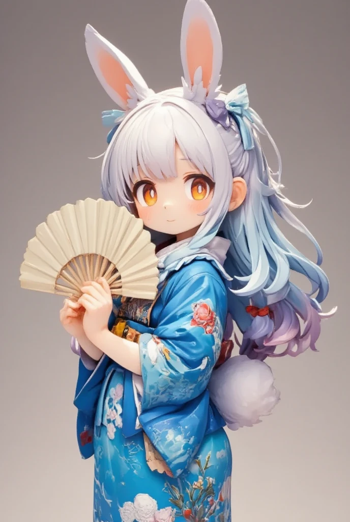 a 3D rendering of a figurine, 1girl, (furry girl, anthro rabbit:1.5), cute, animal nose, obi, long hair, blue hair, yellow eyes, braid, open mouth, ahoge, multicolored hair, blush, hair between eyes, streaked hair, colored tips, breasts, :d, hair flower, half updo, looking back, japanese clothes, japanese yukata, hair ornament, yukata, floral print, sash, looking at viewer, flower, solo, holding, upper body, from side, print kimono, smile, blue kimono, paper fan, holding fan, heart, uchiwa