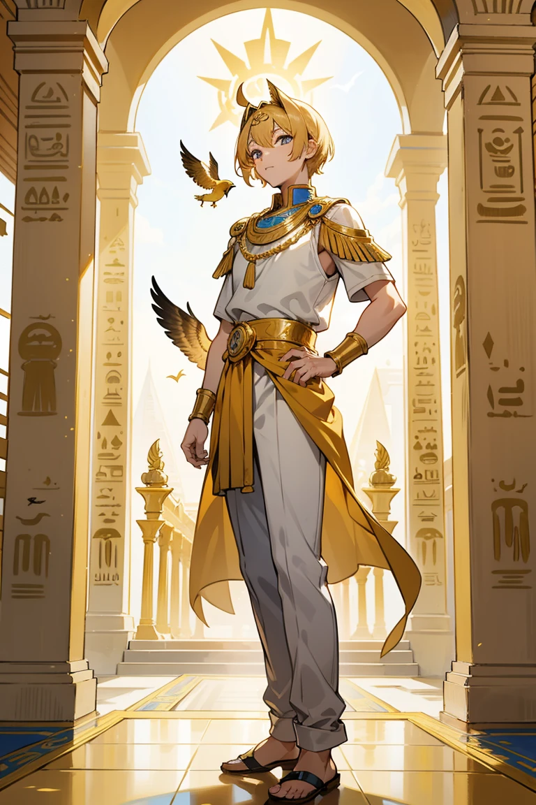  men,18 years old,Gold set,The King,bird, Sun,Short hair, golden hair,Full body,พื้นหลัง Sunสีส้ม,Pharaoh Costume, egyptian architecture background,ปีกbirdสีเหลืองอ่อน,birdบินวน