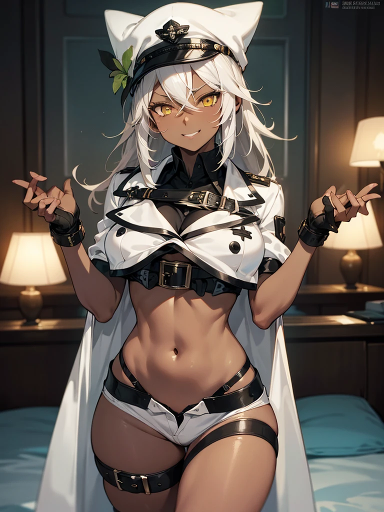 (​masterpiece、top-quality、hight resolution、Unity 8k、extremely details CG:1,Best Picture), ramlethalms, 1girl, Grey hair, yellow eyes,(((dark skin))), upper body, A prostitute smiles provocatively in a hotel room at night. She is a prostitute, and her body language and facial expression clearly indicate that she wants to be fucked by a client. She is sexually aroused. Smile that invites fucking. nsfw