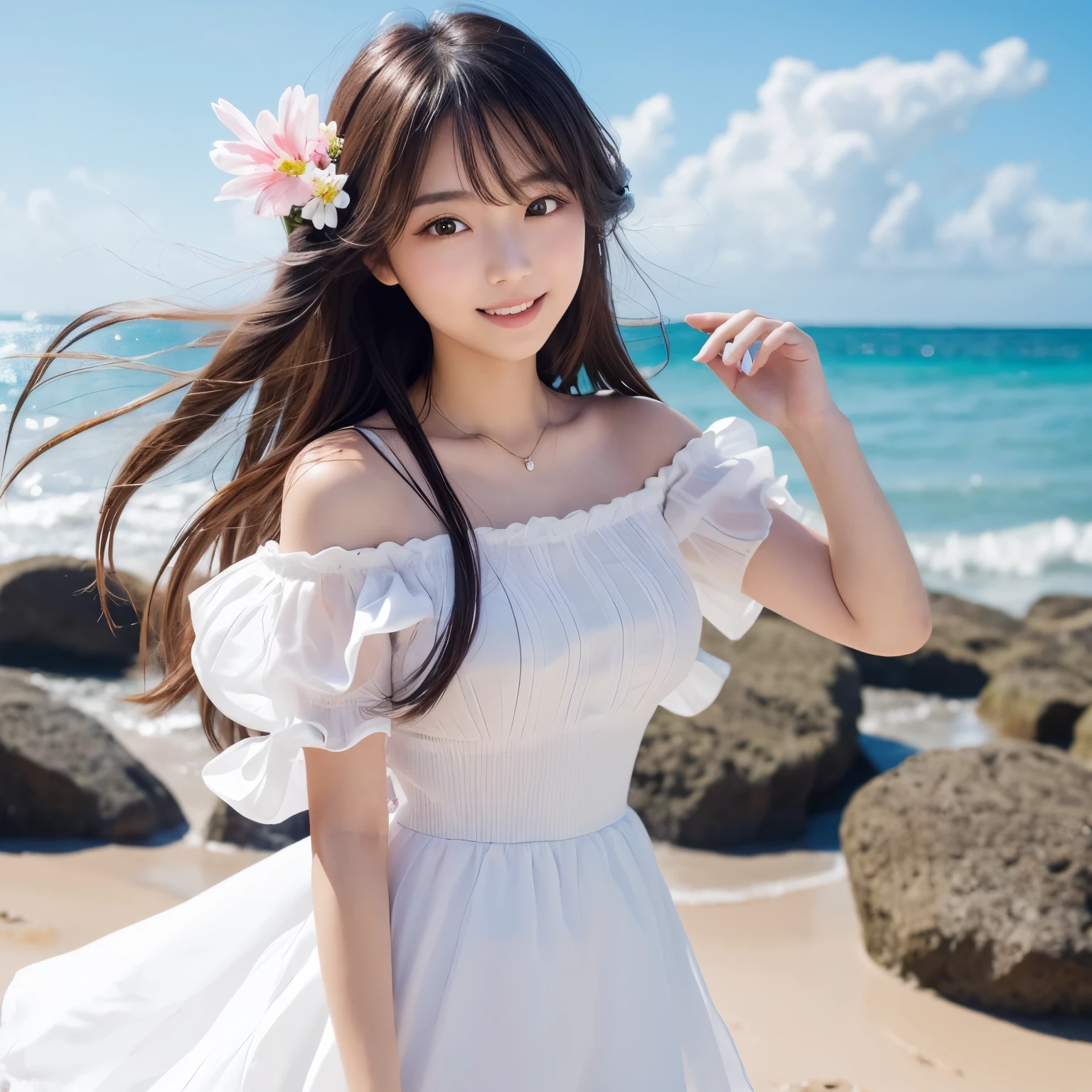 beautiful and charming women in fashion trends, full body : 1.6, Holding flowers, Search 。 hairstyles are random , At the beach , Wind-blown hair, Japanese girl in blue sky and white clouds, charming goose egg face , double eyelid , smart peach flower eyes, Pink lips, focused face , Sex, Ultra Fine, super detailed , Ultra-thin and transparent, Fresh and good,Smile a little、 Slightly Troubled Expression 、 see here、