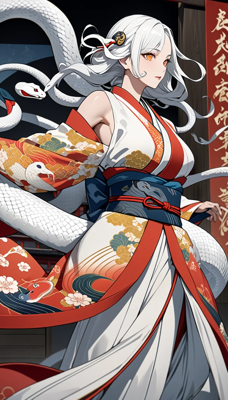 zodiac（snake）Personification of, White Snake, kimono（white）, Kimono remade wide pants, Casual upper body(Bleaching、bandage）, Flutter your coat and dance gracefully, Close up of them performing acrobatically, A celestial maiden dancing on the Noh stage,  very beautiful face , An innocent modern snake god who plays with a giant white snake, snake hair ornament, orange eyes, snake pupils, Ukiyo-e, depth of field, cowboy shot, UHD, retina, masterpiece, accurate, textured skin, anatomically correct, super detail, high details, high quality, highres, best quality, award winning, 16k