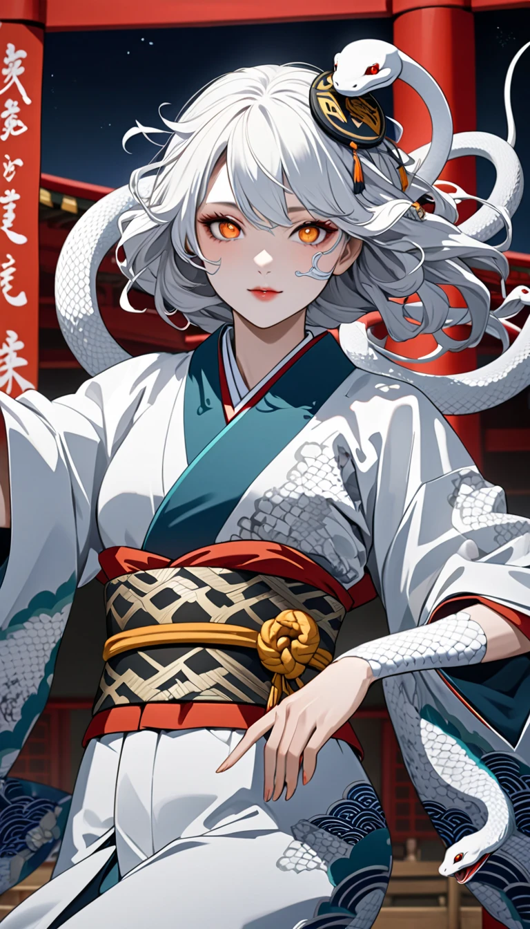 zodiac（snake）Personification of, White Snake, kimono（white）, Kimono remade wide pants, Casual upper body(Bleaching、bandage）, Flutter your coat and dance gracefully, Close up of them performing acrobatically, A celestial maiden dancing on the Noh stage,  very beautiful face , An innocent modern snake god who plays with a giant white snake, snake hair ornament, orange eyes, snake pupils, Ukiyo-e, depth of field, cowboy shot, UHD, retina, masterpiece, accurate, textured skin, anatomically correct, super detail, high details, high quality, highres, best quality, award winning, 16k