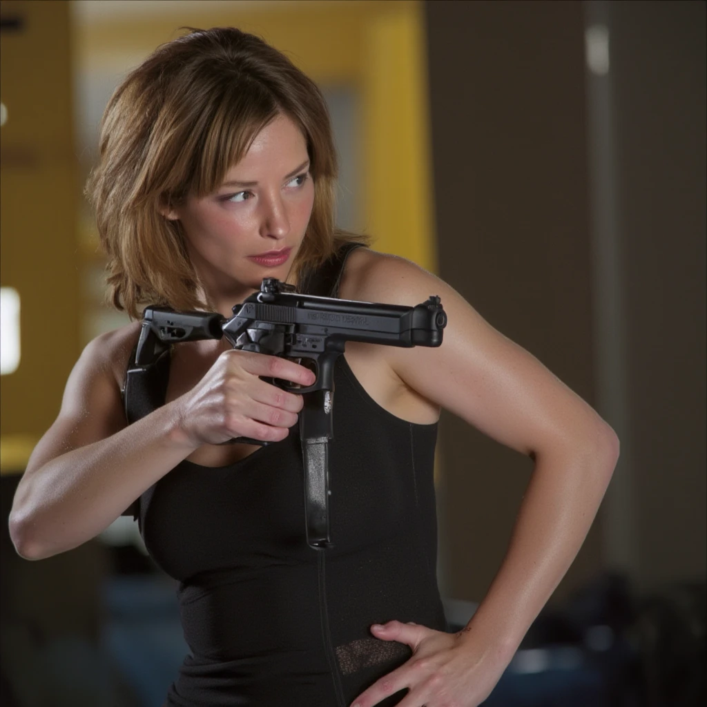 cinematic photo, young kate_beckinsale, large breasts, beaming smiling, as a female soldier, very long hair, smirk on face, wearing a black satin bomber jacket, satin ports bra, matching satin pants, m16, rifle, holding m16 rifle with both hands, series, gun, (Snake plissken) (solid snake) (metal gear solid),, suburban neighborhood at night