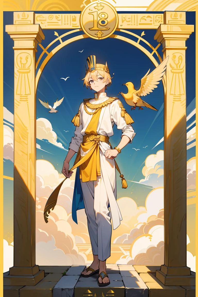  men,18 years old,Gold set,The King,bird, Sun,Short hair, golden hair,Full body,พื้นหลัง Sunสีส้ม,Pharaoh Costume, egyptian architecture background,ปีกbirdใหญ่,birdflyวน,fly