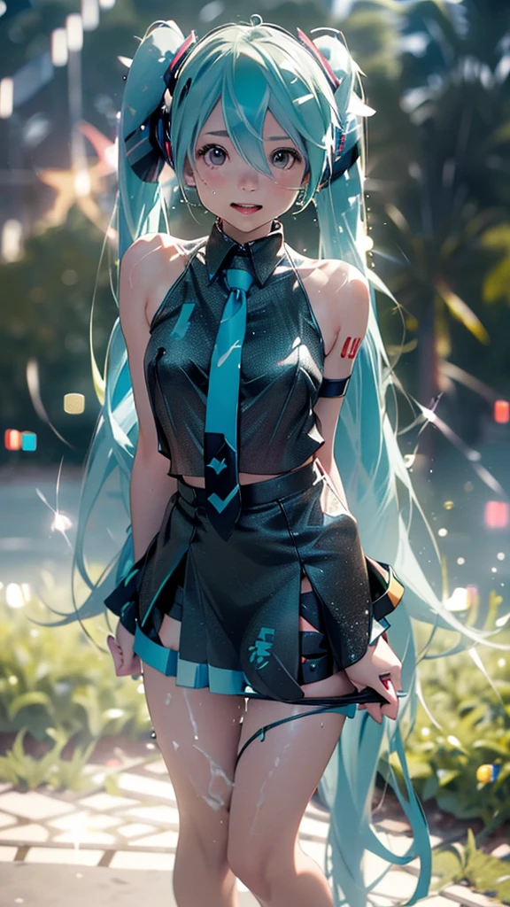((Perfect Anatomy)), (Lift up your miniskirt yourself: 1.3), ((Big Breasts: 1.4)), Showing pussy, Watery eye, Embarrassing, (Sperm overflowing from pussy: 1.5), A woman blushing, ((Girl anal beads string with bells on the end)), ((wonderful)), ((masterpiece)), Cute adult woman, Beautiful Face, Realistic body, Realistic eyes, See through, White knee-high socks, 、Panty shot,, Wet G-string, (((Spread your legs))), Under the chest, (Shiny and bold skin, sweating: 1.4), ((((ボケ of other characters: 1.5)))),, ((Bokeh ball: 1.5) ), thin, (Brown Hair), (Hatsune Miku:1.5), (racing Miku),headphone