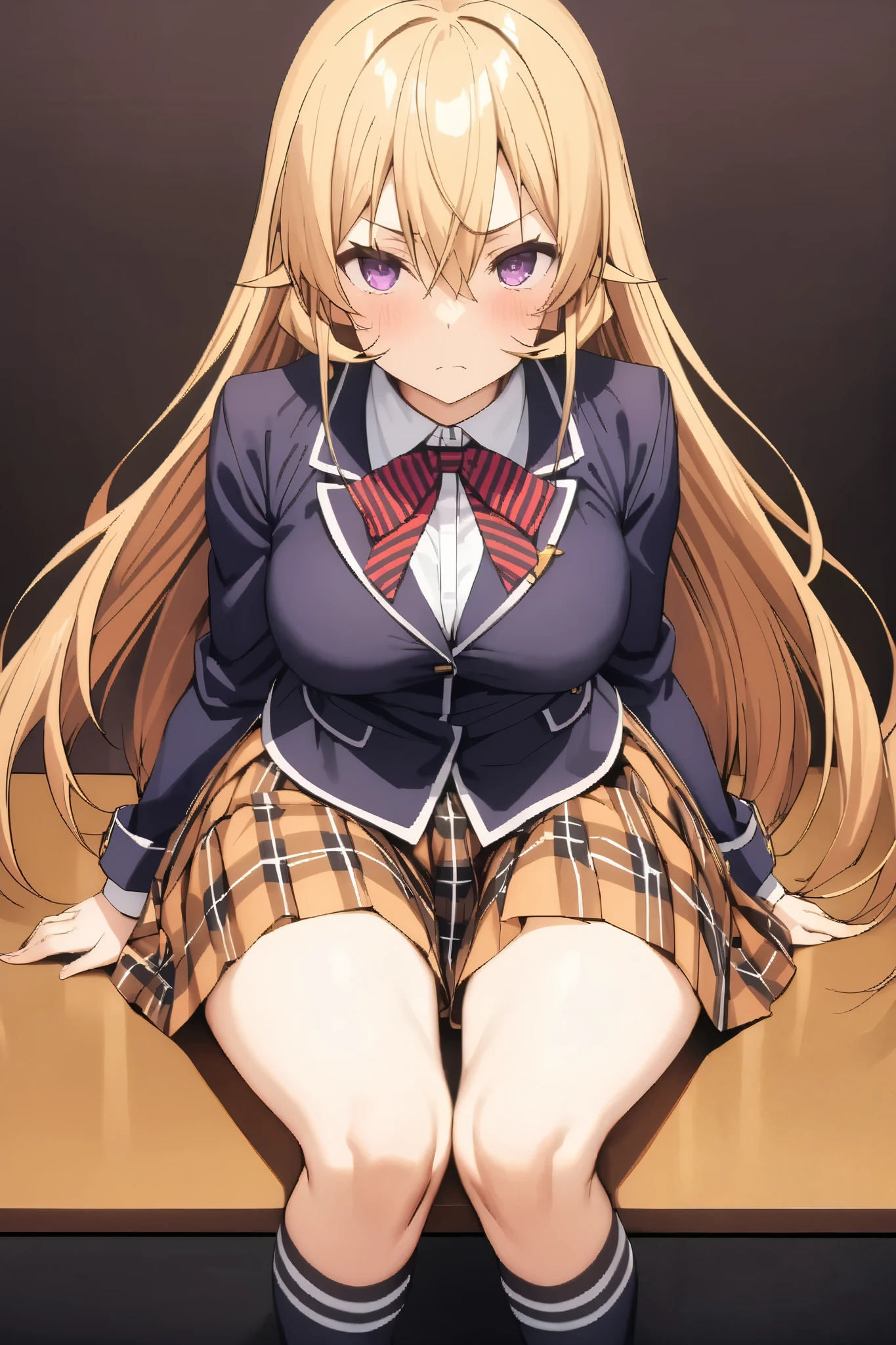 NSFW,masterpiece, top quality , high res, very detailed,Elina Nakiri 、 long hair、 orange hair、 purple eyes、 hair between eyes , skirt、 knee socks、ribbon、uniform、 jacket、プリーツ skirt、shoes、黒 knee socks、 absolute domain、 check pattern 、 check pattern skirt、 blazer