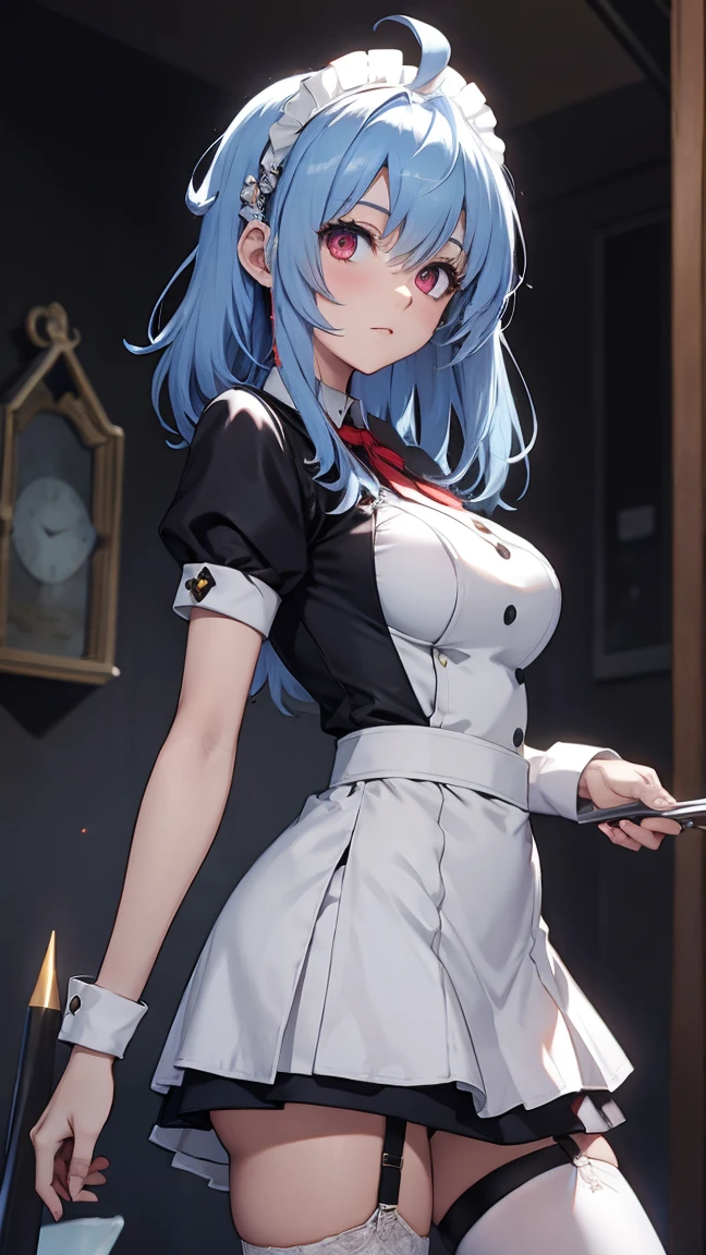 masterpiece,  best quality, A woman with light blue hair,ahoge, ((medium hair:1.3)),cold gaze, (jitome:1.3),fair-skinned beauty,(glowing red eyes:1.1),expressionless,(big breasts:0.7),full body,beautiful legs,Garter Belt,military boots,short skirt,tableware knife,maid uniform,looking back,medieval Europe