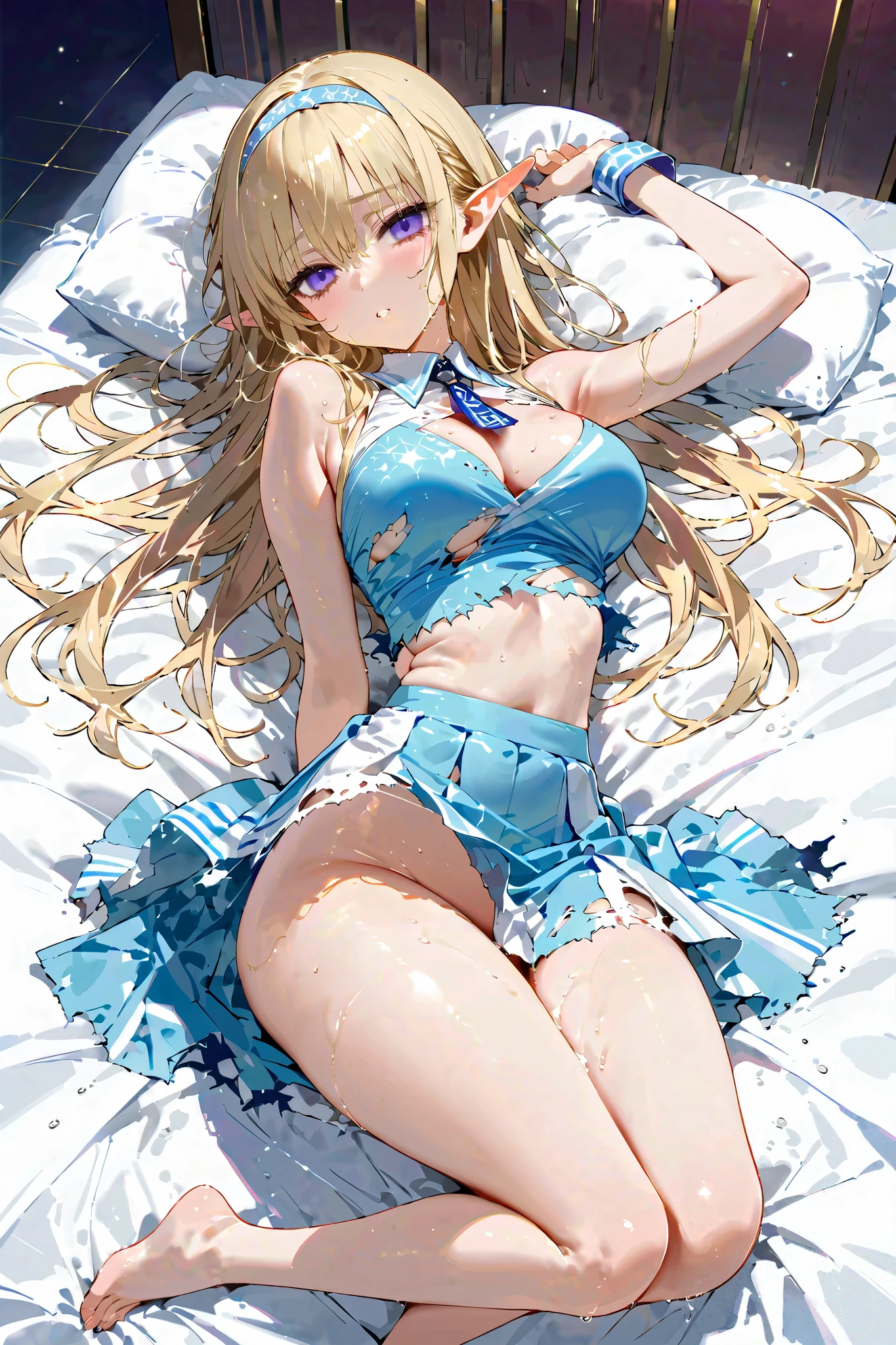 A female elf who freezes in the cold and her skin trembles、Lying on sheet, aerial view, (bags under eyes), half closed eyes, empty eyes, (((full body))), 、open arms, (((open legs))), straight blond long hair, detailed hairband, , , head tilt、(glistening skin), (oily skin), (shiny skin),((My skin is shaking ))、Subtle sheen、(Petite)、((( is short)))、Used condoms scattered all around 、Slim waist、((big ass)), large breasts, My mouth is slightly open、(torn clothes:1.5), I have cum all over my body、I'm looking to the side、(profile)、1 bill 、skin tight, Luxurious Embroidered Pastel Cheerleader Outfits,  Long Skirt 、 glasses,outstretched legs、wet, 
