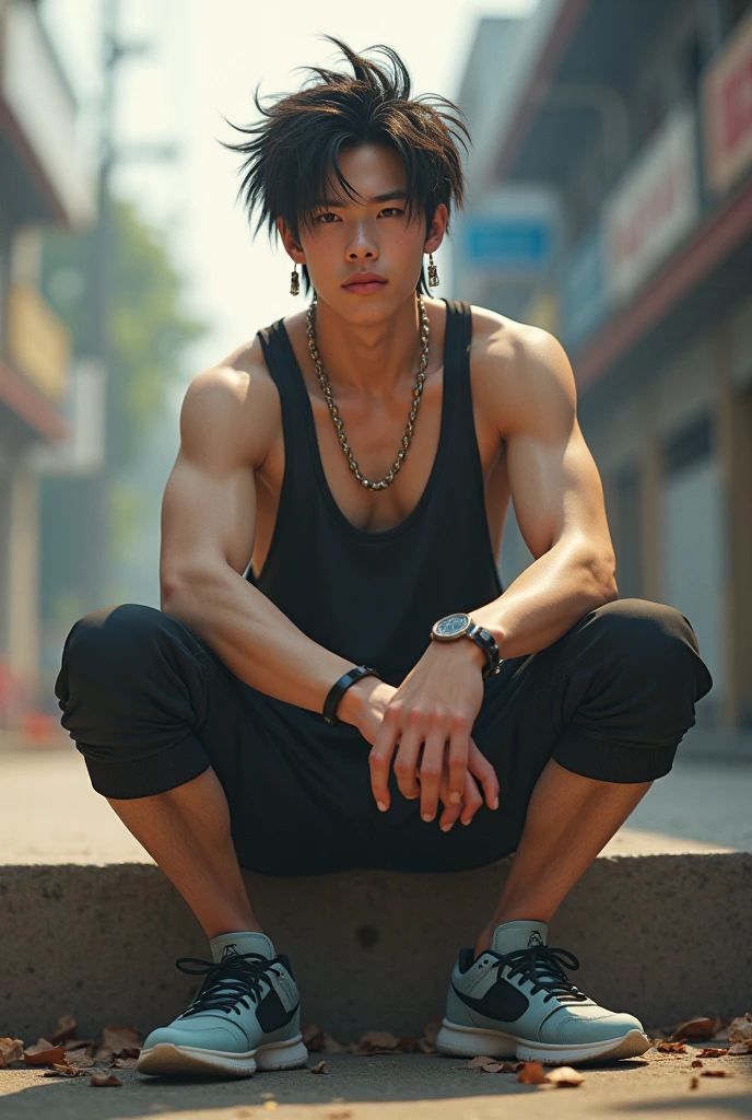 Athletic man, Caucasian, teenager, he has random hairstyle, random facial features, random facial expression, smooth white skin, dressed in random clothes, random shoes and random body accessories, he is in a place in South Korea, leaning, body, photorealistic style, 8k resolution.