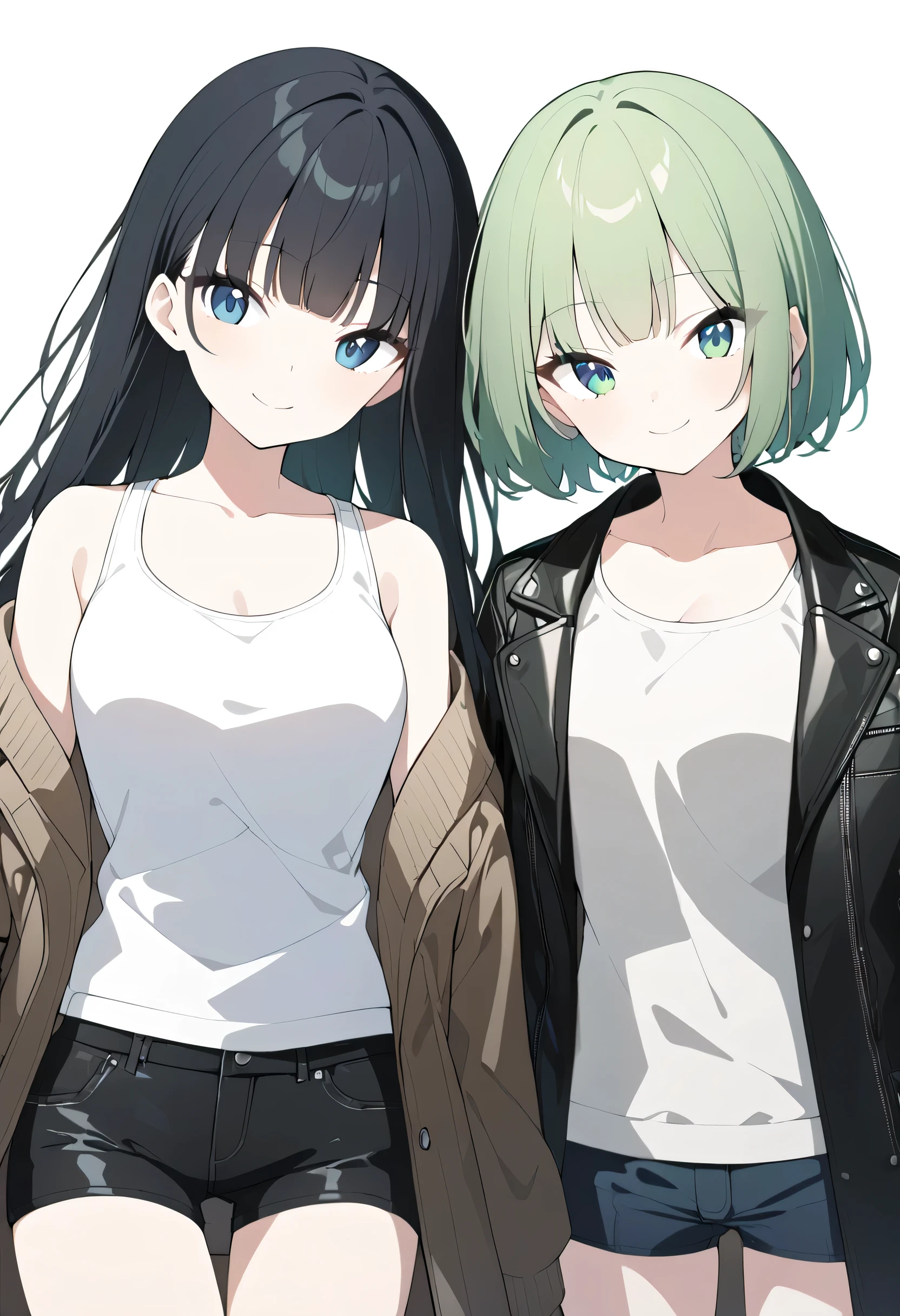 (( 2 women )),Couple shot,Female 1( black hair long hair , with bangs, white tank top, cardigan , miniskirt,Taiwanese),,,,,Female 2( green hair short hair ,leather coat ,Black denim, Japanese), empty background,White background, looking at camera,smile