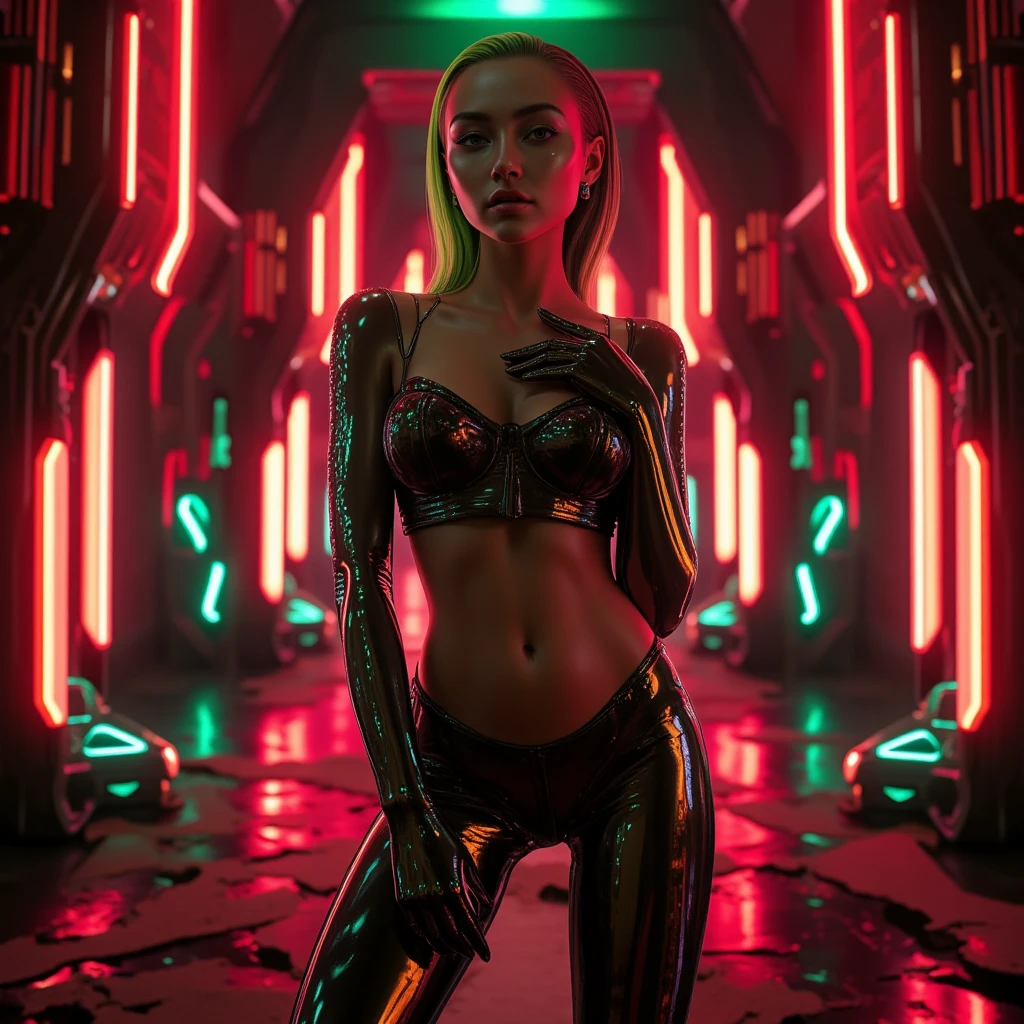 A stunning 27-year-old woman stands at the center of a neon-lit studio in a cyberpunk world. Her Slavic features, with flawless symmetry, sculpted cheekbones, and a sharp jawline, radiate elegance. Her metallic-sheen skin glows under red and green neon. Sleek, pulled-back hair with vibrant green tips enhances her striking look. She wears black latex lingerie and a chrome skeleton suit, emphasizing her curves. She poses confidently, suited for a magazine cover: one leg forward, her body angled slightly to the side, one hand on her hip, the other near her collarbone. Her direct gaze, combined with her poised posture, exudes allure. The background is a futuristic, ruined temple with glowing neon details and intricate geometric designs. Dramatic lighting casts sharp highlights, accentuating her figure and the latex’s reflective texture. The image is rendered in 4K ultra-realism, capturing intricate details of her face, skin, and surroundings. Negative Prompts: Avoid "artifacts," "distortions," and "blurriness." Ensure detailed, proportional hands with five fingers, avoiding blending or extra digits. Maintain sharp realism, particularly in facial and hand details.