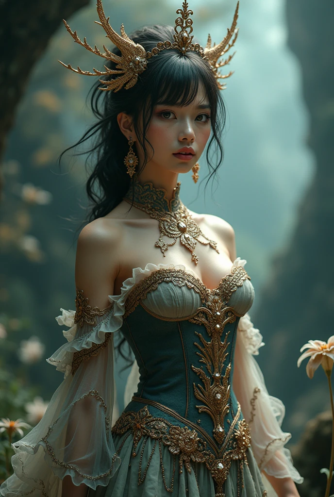 arafed woman with bustier gigantic breast in a corset and dress in front of a building, wearing an ornate outfit, ornate dress, intricate dress, elegant corset, ornate and elegant, extravagant dress, inspired by Hedi Xandt, ornate attire, intricate outfit, ornate royal gown, ornate clothing, ornate gown, intricate and elegant, intricate detailed dress, ornate , royal dress,  masterpiece, best quality:1.2),,(8k,highres,RAW photo,realistic,photo-realistic:1.3),(detailed skin texture,detailed cloth texture,beautiful detailed face:1.25),professional lighting,photon mapping,beautiful soft light,radiosity,physically-based rendering,raytracing, model shoot style, model shoot style, (extremely detailed CG unity 8k wallpaper), full shot body photo of the most beautiful artwork in the world,