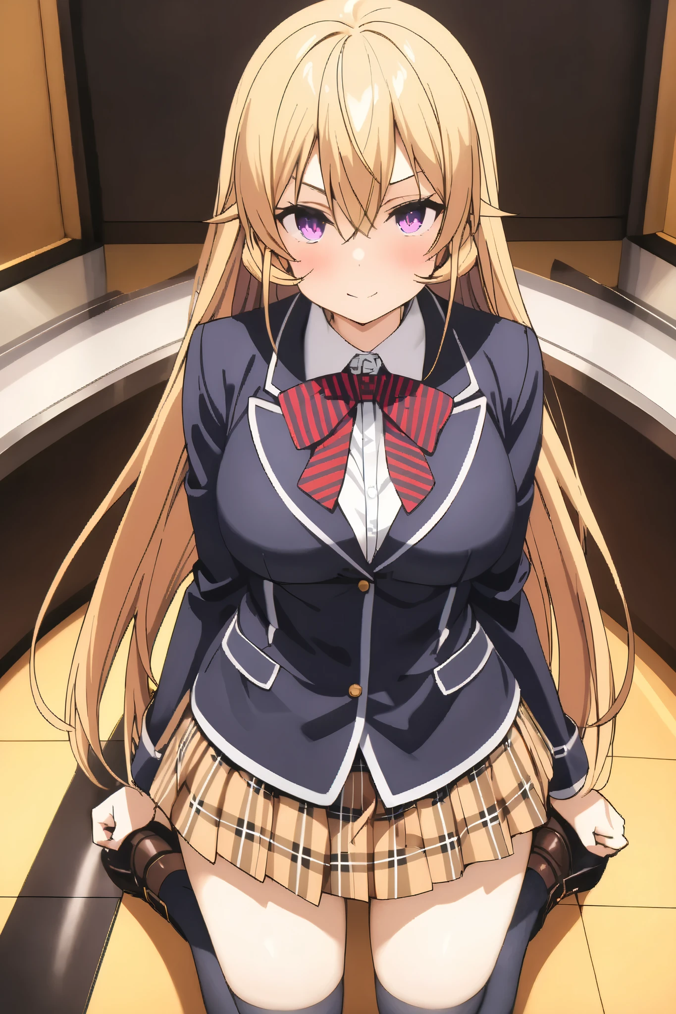 NSFW,masterpiece, top quality , high res, very detailed,Elina Nakiri 、 long hair、 orange hair、 purple eyes、 hair between eyes , skirt、 knee socks、ribbon、uniform、 jacket、プリーツ skirt、shoes、黒 knee socks、 absolute domain、 check pattern 、 check pattern skirt、 blazer,A luxurious school