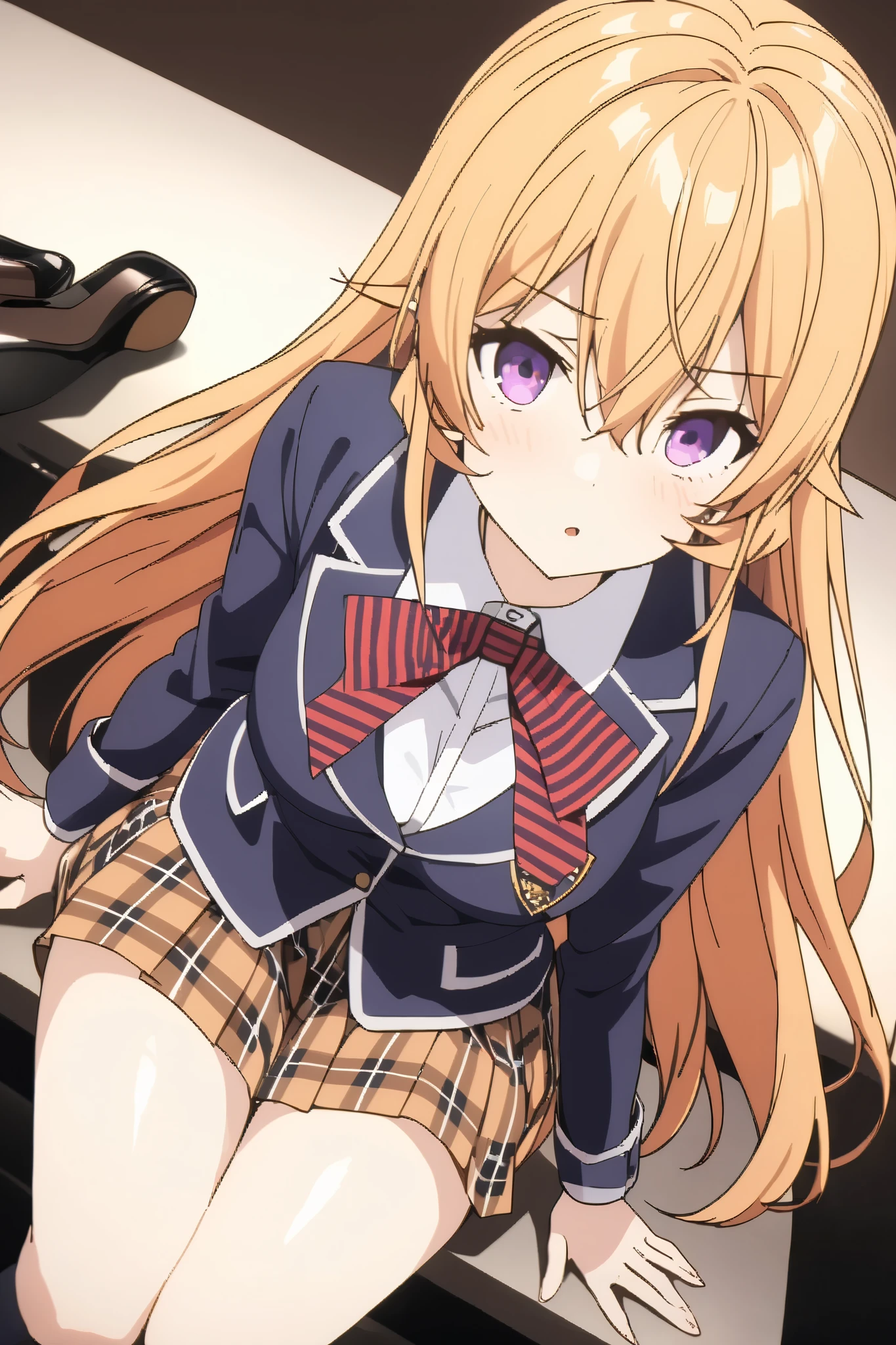 NSFW,masterpiece, top quality , high res, very detailed,Elina Nakiri 、 long hair、 orange hair、 purple eyes、 hair between eyes , skirt、 knee socks、ribbon、uniform、 jacket、プリーツ skirt、shoes、黒 knee socks、 absolute domain、 check pattern 、 check pattern skirt、 blazer,A luxurious school