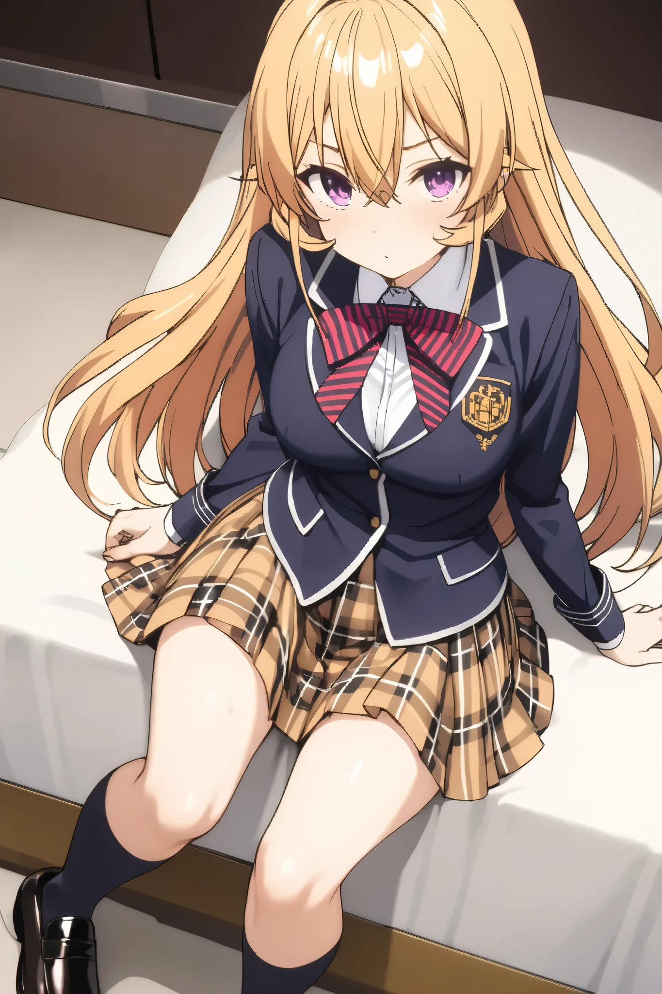 NSFW,masterpiece, top quality , high res, very detailed,Elina Nakiri 、 long hair、 orange hair、 purple eyes、 hair between eyes , skirt、 knee socks、ribbon、uniform、 jacket、プリーツ skirt、shoes、黒 knee socks、 absolute domain、 check pattern 、 check pattern skirt、 blazer,A luxurious school