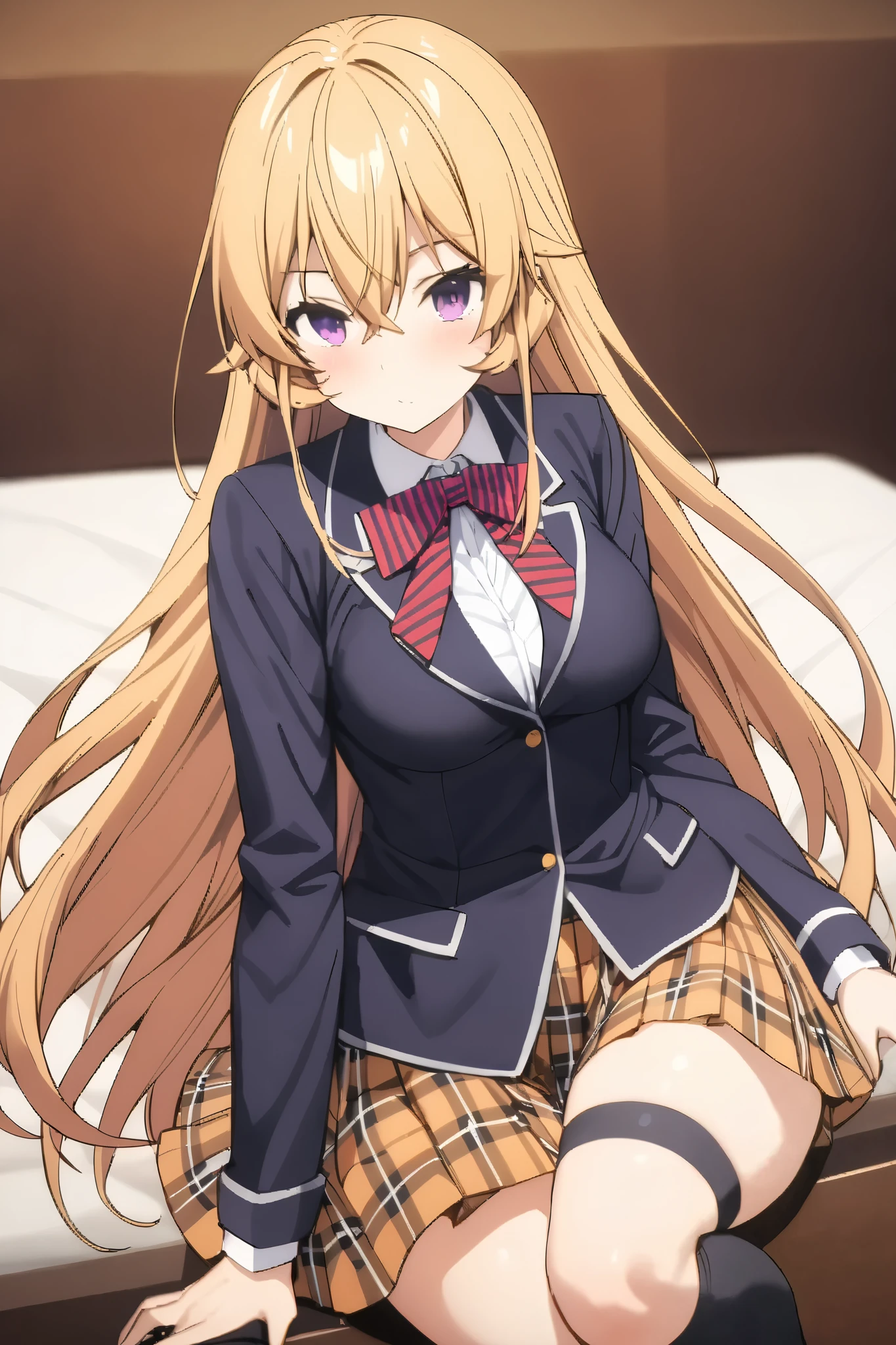 NSFW,masterpiece, top quality , high res, very detailed,Elina Nakiri 、 long hair、 orange hair、 purple eyes、 hair between eyes , skirt、 knee socks、ribbon、uniform、 jacket、プリーツ skirt、shoes、黒 knee socks、 absolute domain、 check pattern 、 check pattern skirt、 blazer,A luxurious school