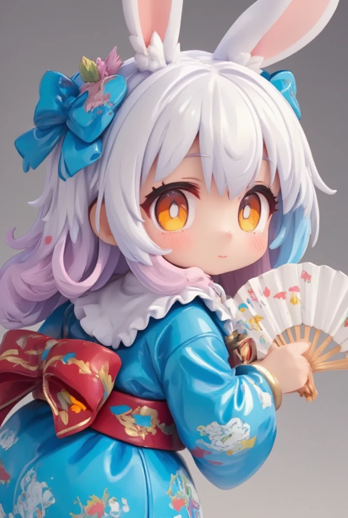 a 3D rendering of a figurine, 1girl, (furry girl, anthro rabbit:1.5), cute, animal nose, obi, long hair, blue hair, yellow eyes, braid, open mouth, ahoge, multicolored hair, blush, hair between eyes, streaked hair, colored tips, breasts, :d, hair flower, half updo, looking back, japanese clothes, japanese yukata, hair ornament, yukata, floral print, sash, looking at viewer, flower, solo, holding, upper body, from side, print kimono, smile, blue kimono, paper fan, holding fan, heart, uchiwa