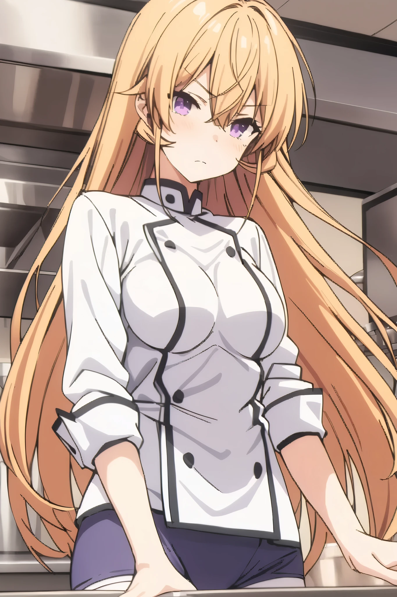 NSFW,masterpiece, top quality , high res, very detailed,Elina Nakiri 、 long hair、 orange hair、 purple eyes、 hair between eyes ,underpants、白underpants、chef、 Long Sleeve 、 thing with rolled up sleeves ,kitchen