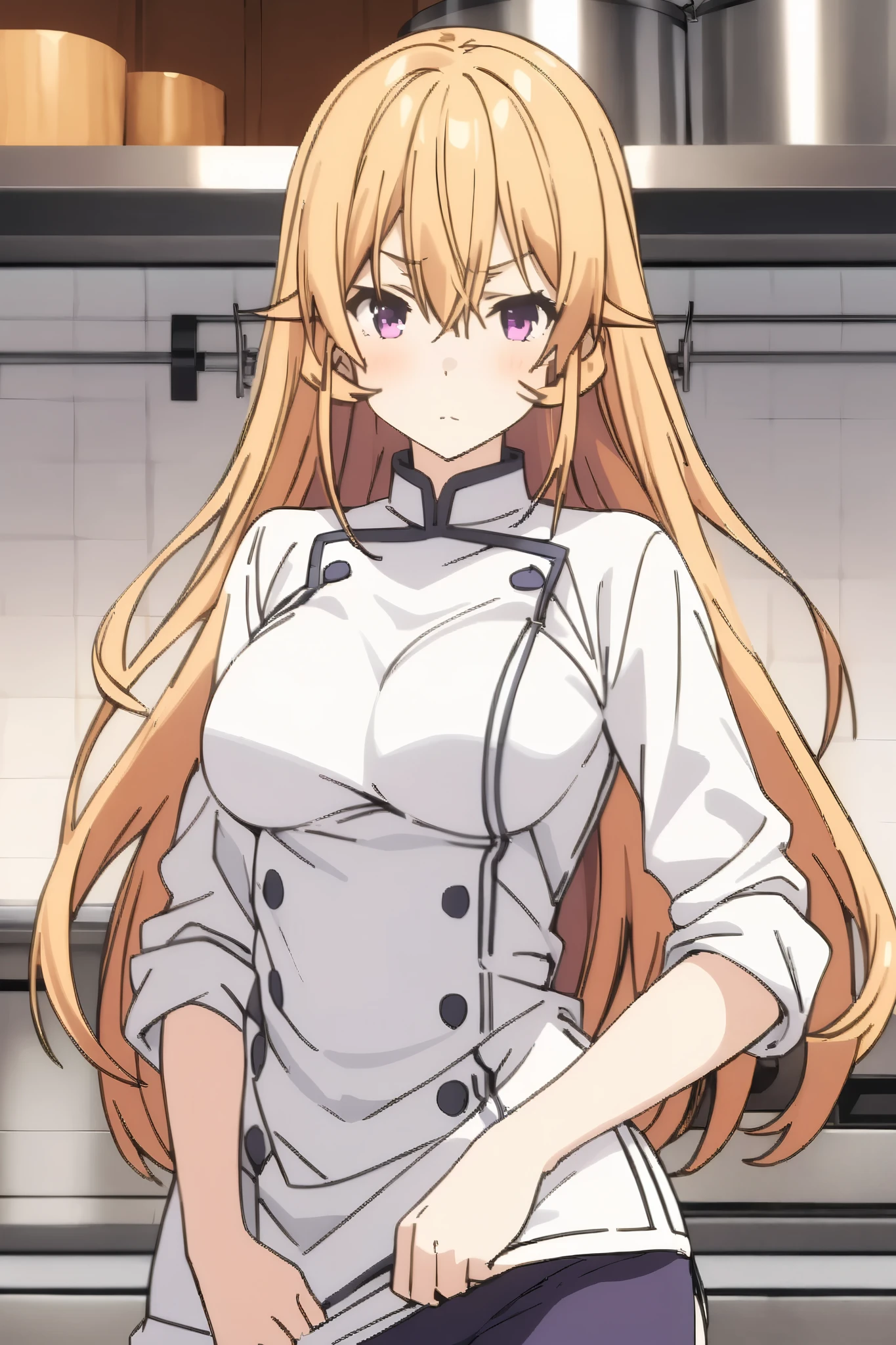 NSFW,masterpiece, top quality , high res, very detailed,Elina Nakiri 、 long hair、 orange hair、 purple eyes、 hair between eyes ,underpants、白underpants、chef、 Long Sleeve 、 thing with rolled up sleeves ,kitchen